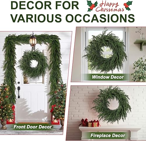 Miniatura 7 de Artgar Corona de pino de Navidad de 24 pulgadas para puerta delantera, corona de pino verde artificial de tacto real para el hogar, interior,