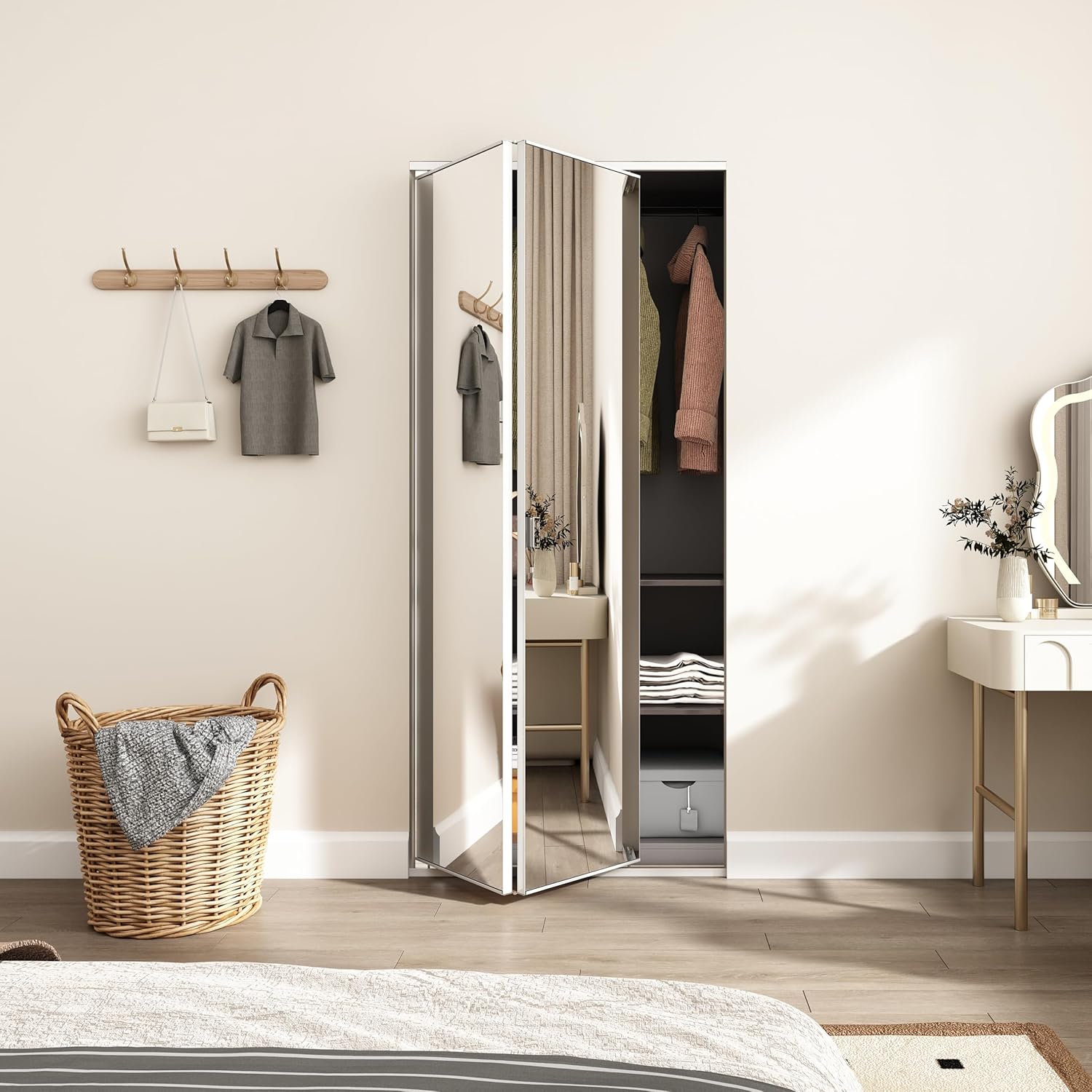 JUBEST Bi Fold Mirror Closet Door with White Steel Frame, Bifolding Mirrored Doors for 36in. x 81in. Door Opening, Hardwares Include, Easy to Install
