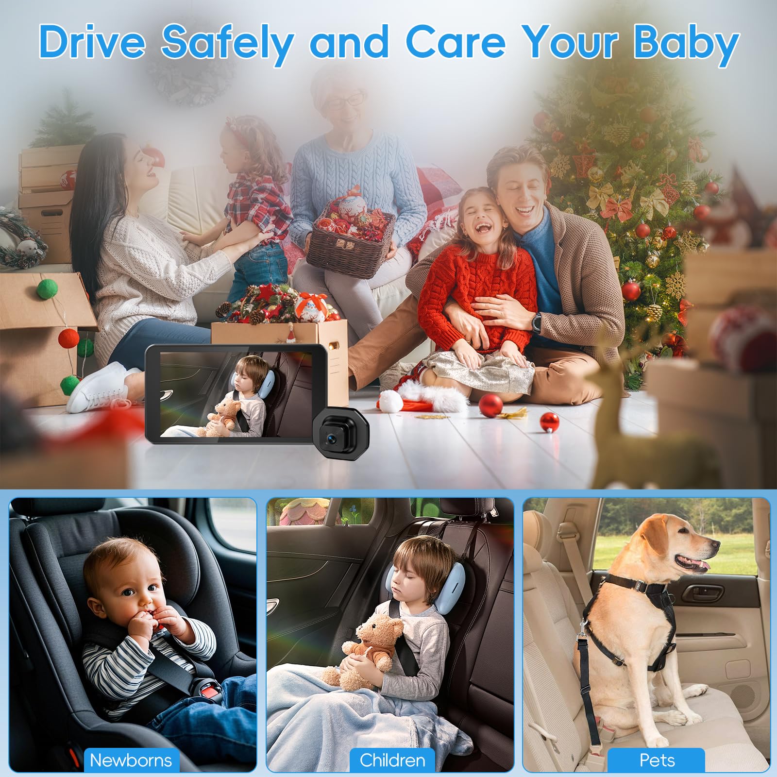 Caméra de Voiture pour Bébé, 5" 1080P Bébé Voiture Retroviseur Moniteur avec Vision Nocturne, 170° Large Vision, Installation Facile, pour Les Fants, Les Enfants(Supporte 1 Caméra)