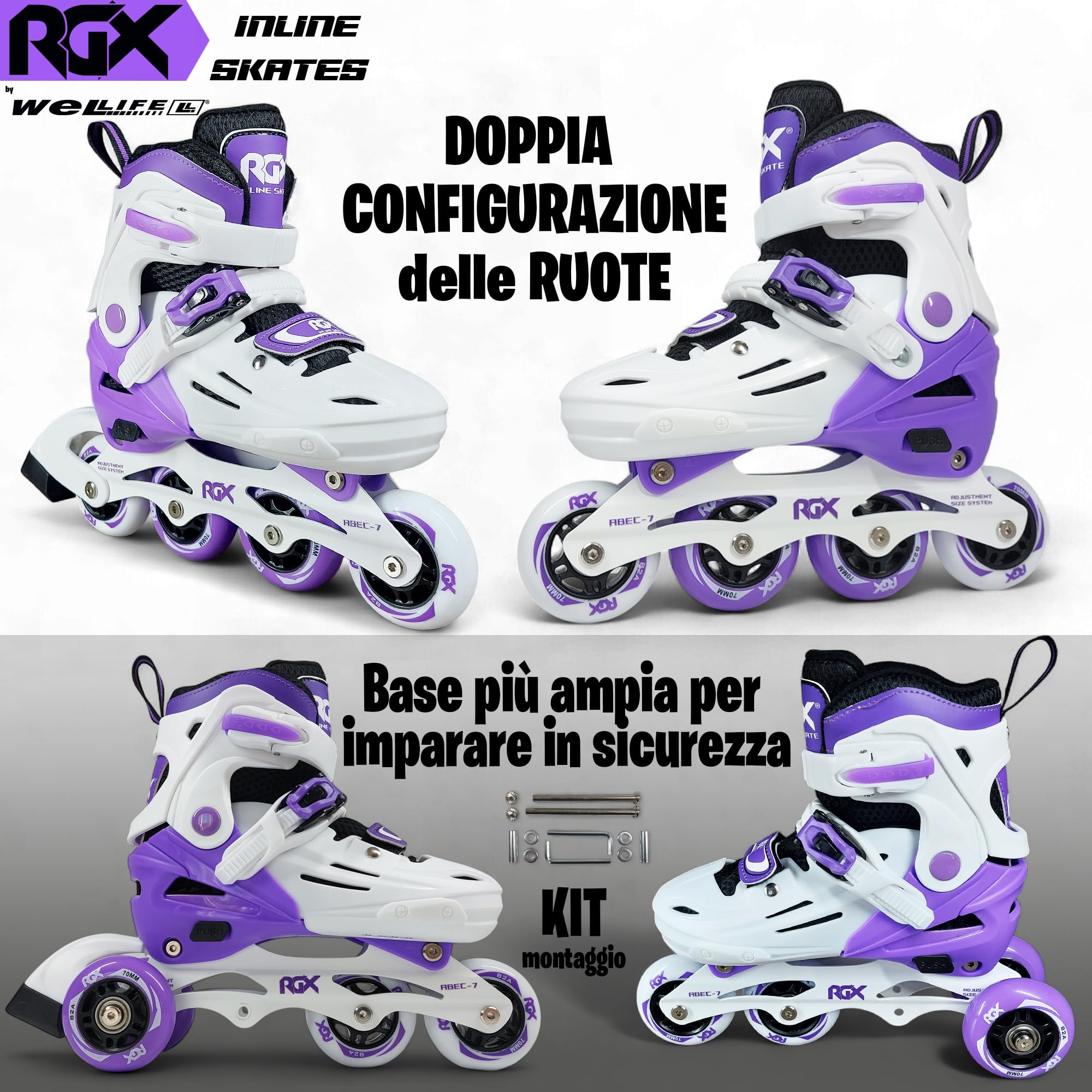 WeLLIFE RGX Line Pattini in Linea Bambina e Bambino Regolabili 4 Misure, Doppia Configurazione Ruote, Guscio Rigido, Piastra Alluminio, Cuscinetti ABEC-7
