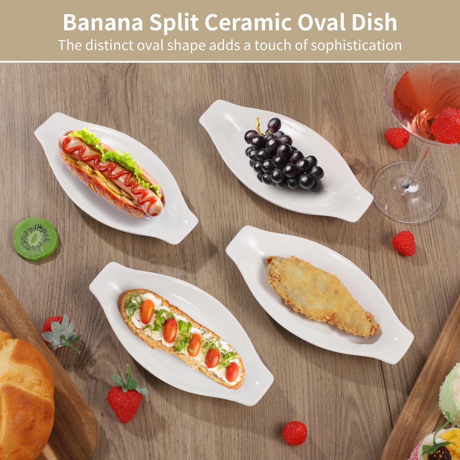Quattro piatti ovali Au gratinati, piatti in ceramica a banana divisi, piatti da portata ovali 20 x 10,2 cm, forno a microonde sicuro, piccola casseruola con doppio manico, impilabile e pulito