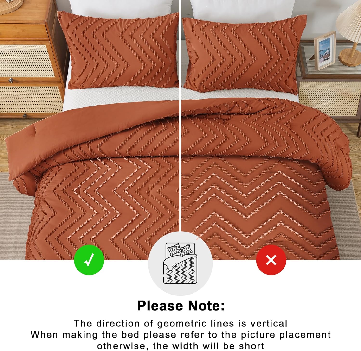 Andency Burnt Orange Super King Size120 x 120  Comforter, Boho Terracotta Soft Warm Bedding Comforter Sets for King Bed, 3 Pieces Rust Chevron Tufted Aesthetic Microfiber Lightweight Comforter Set