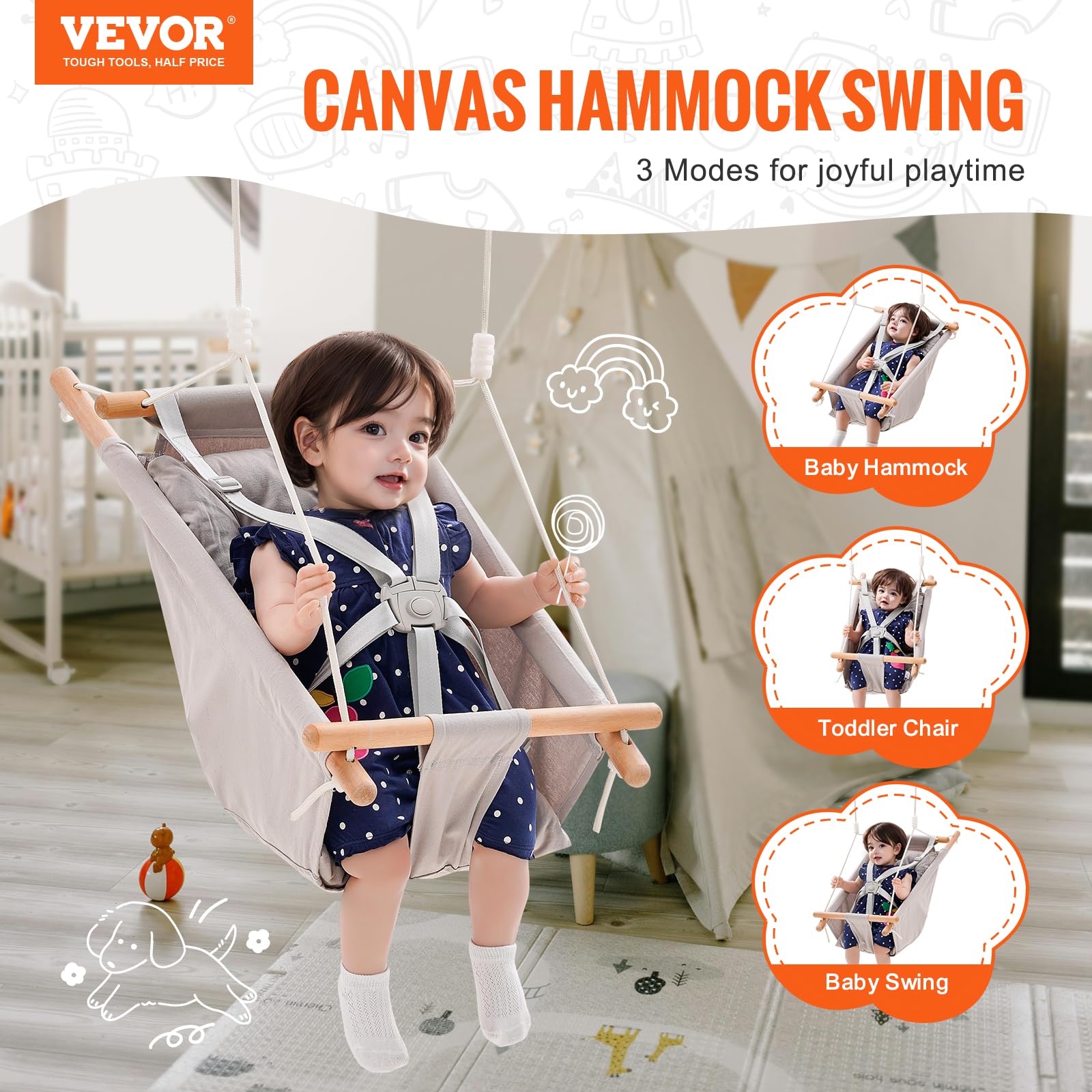 VEVOR Balançoire Hamac Bébé 3 Modes, 68 kg, Harnais 5 Points, Intérieur Extérieur
