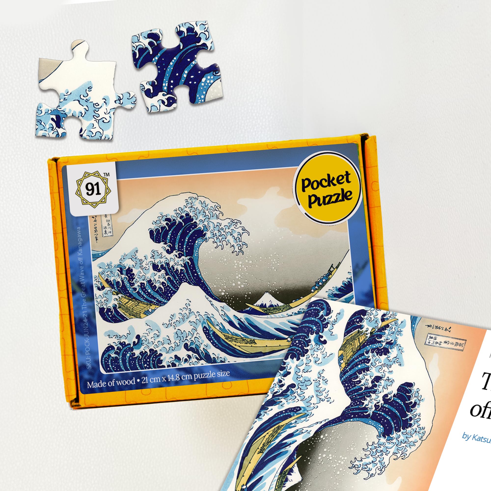 91Knots Hokusai's The Great Wave Off Kanagawa Wooden Jigsaw Puzzle (140 Pieces) for Adults and Kids | Japanese Ukiyo-e Artwork | Brain Booster Games & Toys | Birthday Gift for Kids
