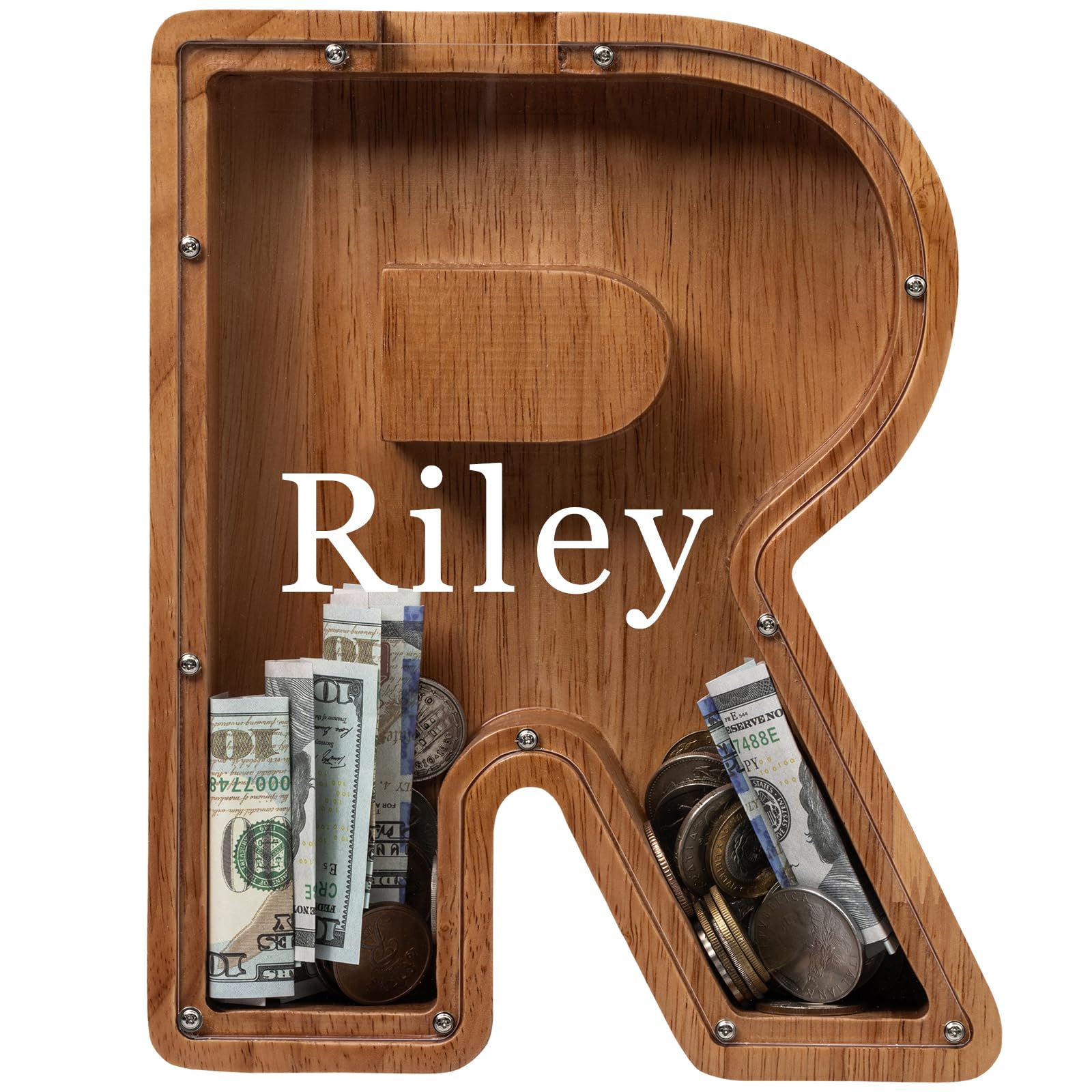Personalized 12" Extra Large Wooden Letter Piggy Bank for Kids Boys Girls, (Laser Engraved Name) Custom Initial Letter Shape Piggy Bank, Alphabet Coin