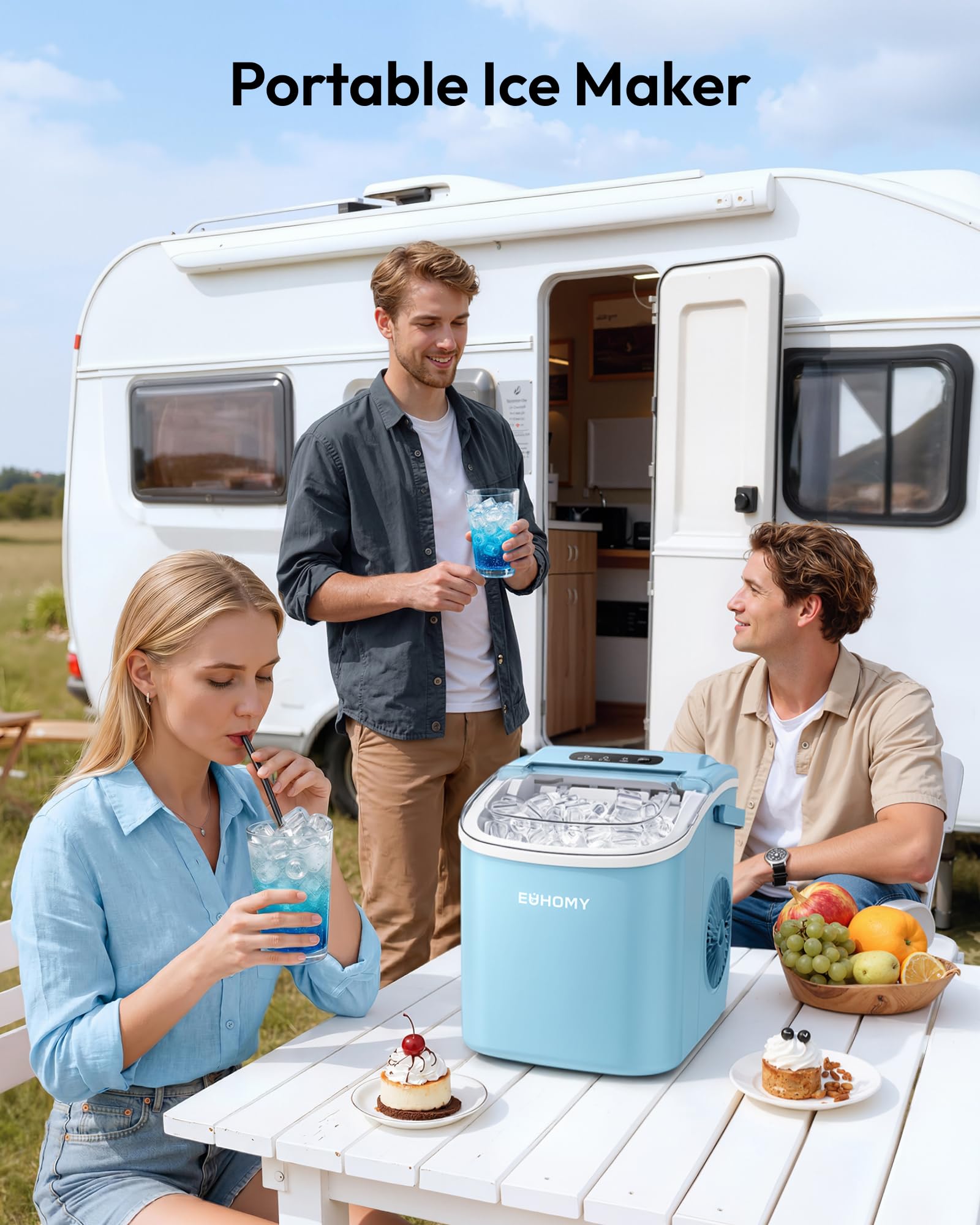 EUHOMY Countertop Ice Maker Machine with Handle, 26lbs Per Day, 9 Ice Cubes Ready in 6 Mins, Auto-Cleaning Portable Ice Maker with Basket and Scoop, for Home/Kitchen/Camping/RV (Blue) view 9
