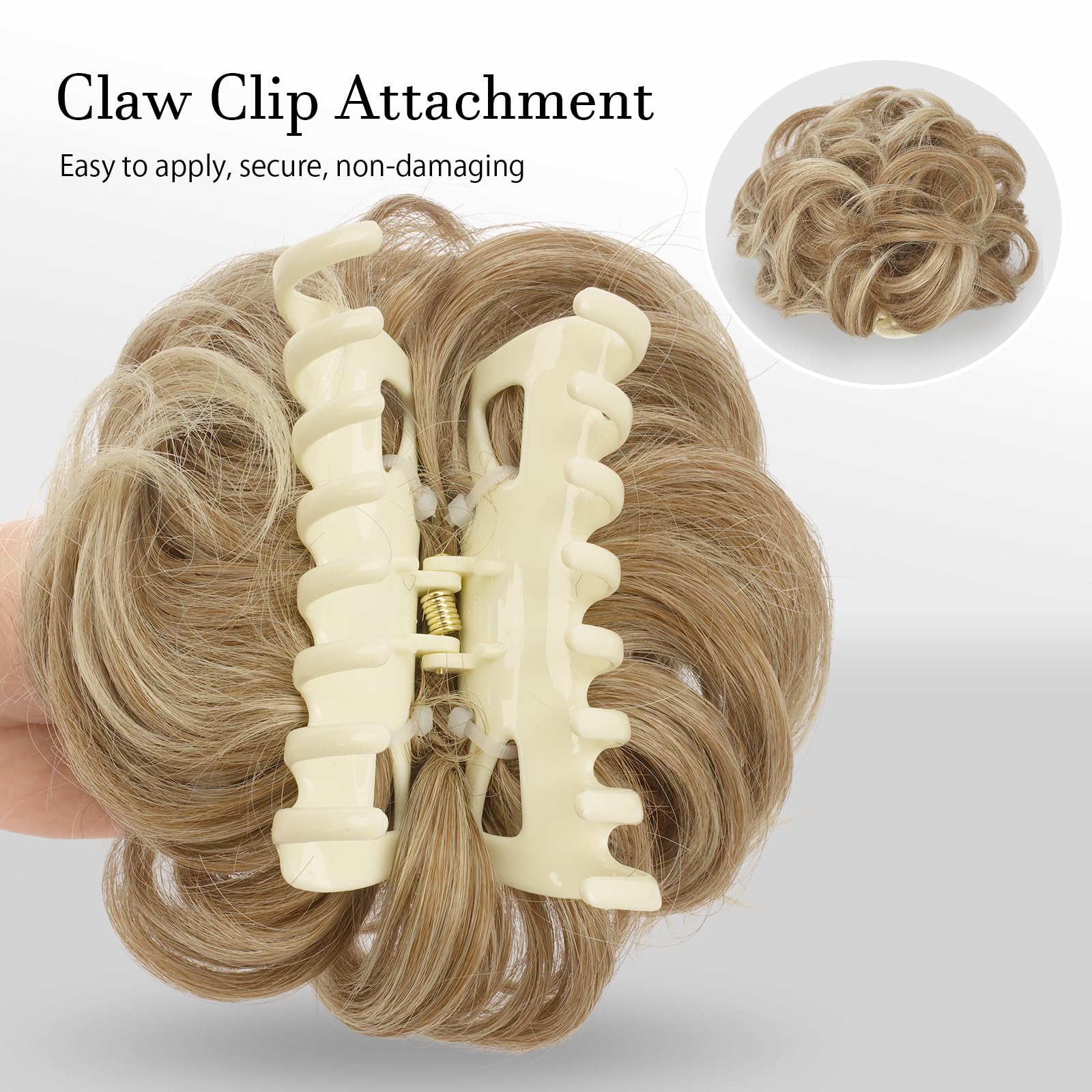 FESHFEN Claw Clip Messy Bun Hair Piece Hair Buns Mixed Blonde and Ash Blonde Tips Curly Wavy Hairpieces Updos Synthetic Chignon Hair Scrunchies Hair Bun Hair Pieces for Women 1PCS