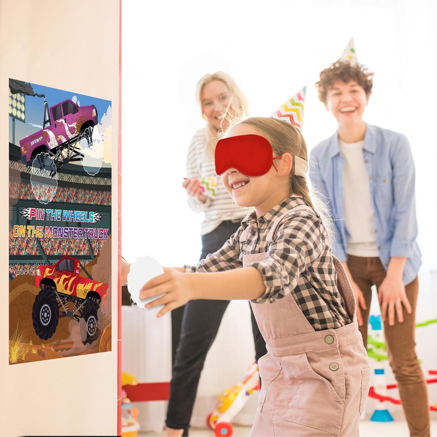 ArtCreativity Pin The Wheels on The Monster Truck - Monster Truck Game for Kids with 1 Poster, 36 Stickers & 1 Blindfold - Monster Truck Party Favors for Kids Ages 5-9 - Monster Truck Favors for Boys
