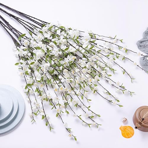 Miniatura 6 de 4 piezas de flores artificiales de cerezo para decoración de primavera en interiores, ramas de melocotón de tallo largo sintético para el hogar,