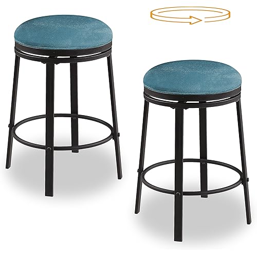 OUllUO Swivel Bar Stools Set of 2, 24" Counter Bar Height Stools, PU Leather Counter Stools, Backless Round Saddle Bar Stools, Industrial Bar Stools for Kitchen Island, 520P-BLPU, Blue, 2Pcs