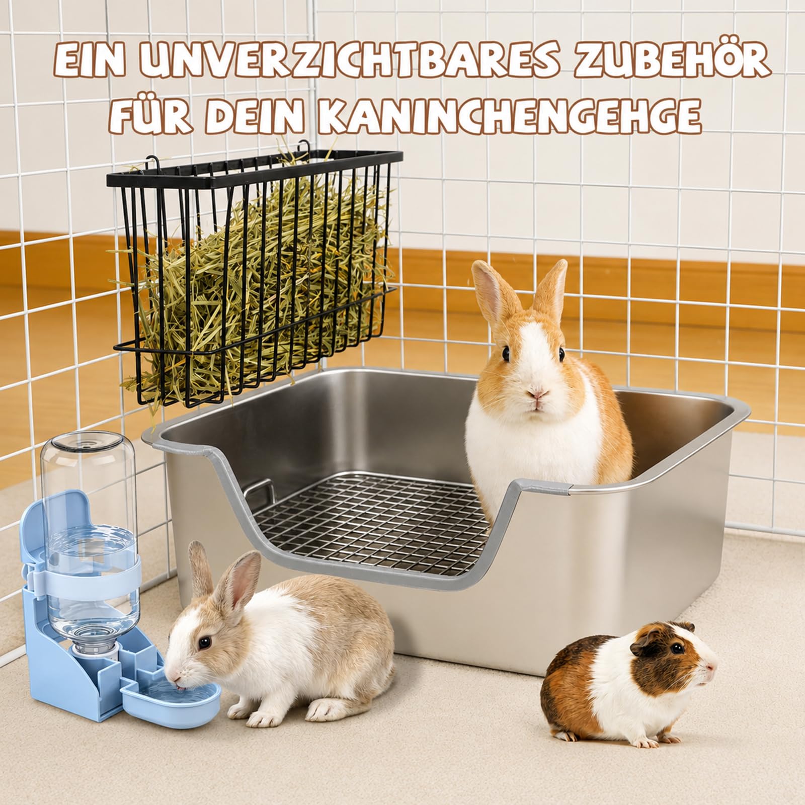 HYLYUN 4-in-1 Kaninchen Toilette Edelstahl Große 40x30cm, Komplettset mit Heuraufe, Wasserspender & Futternapf, Geruchsarm, Leicht zu Reinigen, Nagersicher, Hasen & Meerschweinchen Käfig Zubehör