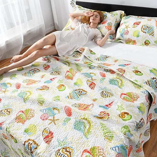 Miniatura 2 de Jarson Juego de edredón costero ligero para el hogar, colcha de verano tamaño King, juego de colcha reversible de 3 piezas de conchas de playa,
