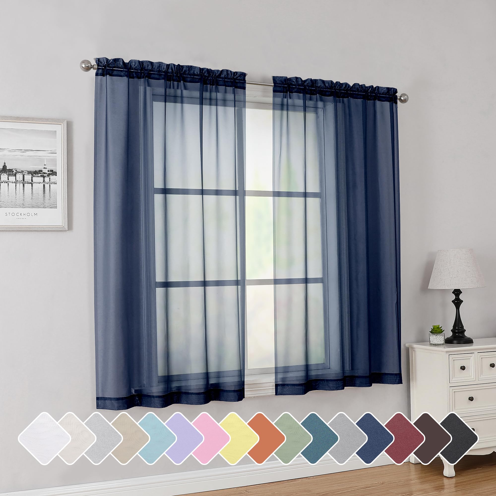 Simplebrand Navy Blue Short Sheer Curtains 45 Inch Length 2 Panels