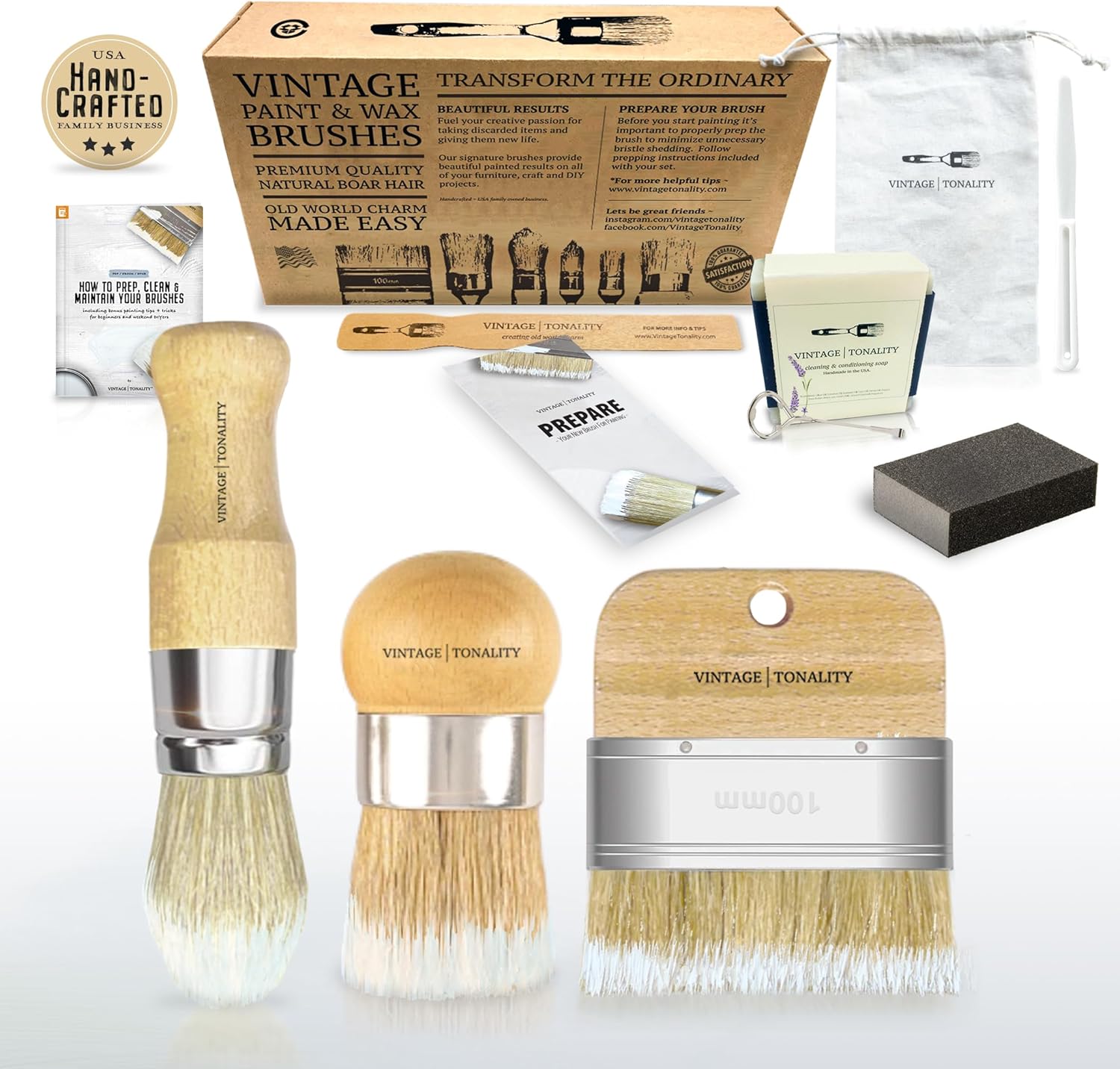 Vintage Tonality Specialty Chalk Wax Paint Brush Set Bundle Kit | Furniture Painting or Waxing | 3 Brushes + Tools & Extras | Large or Small DIY Home Decor Repurposing Projects | Natural Bristle Hairs