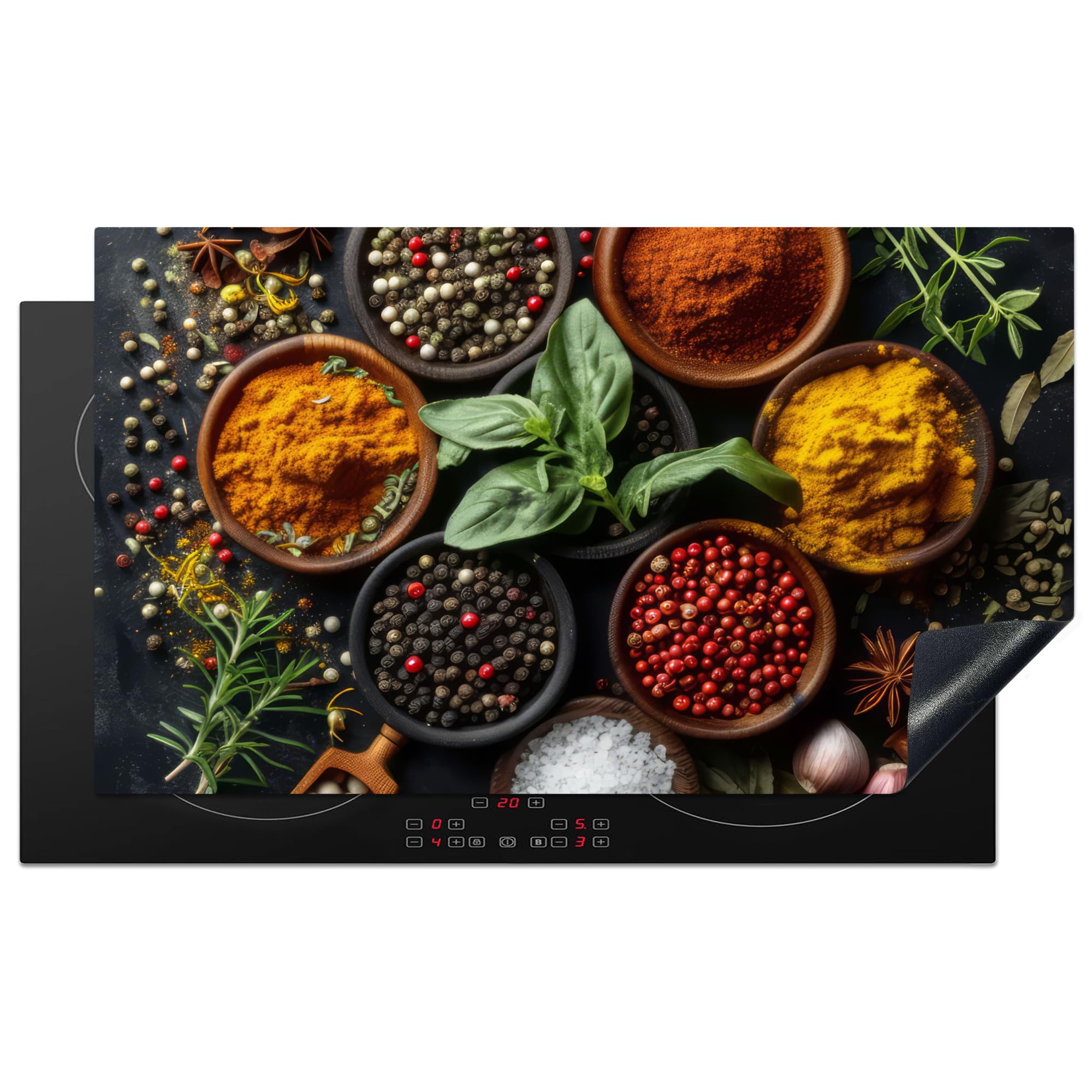 KitchenYeah© Herdabdeckplatte Einteilig Induktionsmatte Küche Abdeckung Ceranfeld Herd Abdeckplatte Deko Vinyl Matte Aufrollbar Kräuter - Küche - Paprika - Kochen - 90x52 cm