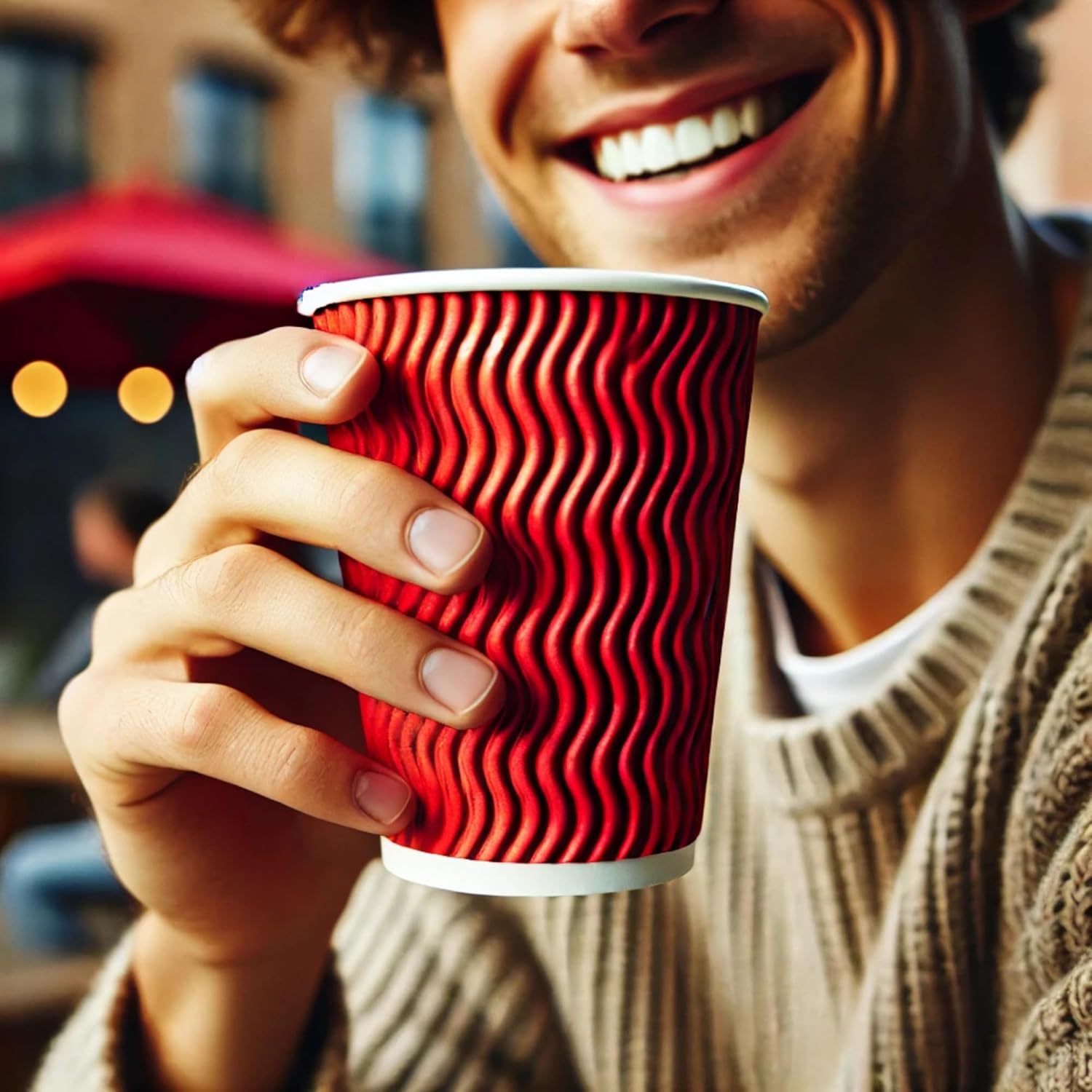 500 Pack 8oz Triple Wall Corrugated Insulated Red Paper Cups for Hot Drinks — Disposable Coffee Cups for Tea, Espresso, Office, Parties, Café or Pantry
