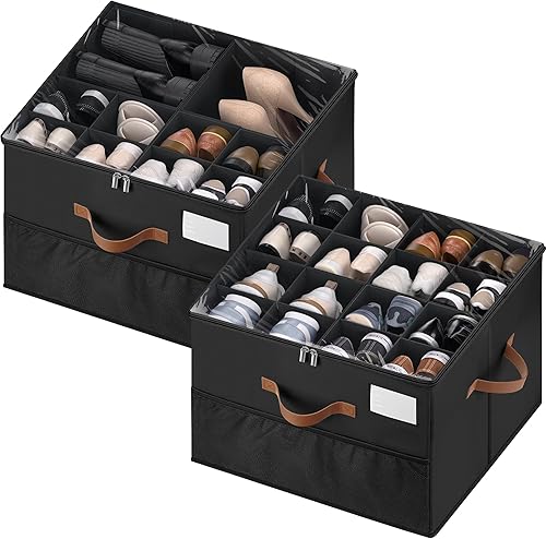 Organizador de zapatos para armario, paquete de 2 contenedores de almacenamiento de zapatos con divisores ajustables, contenedores organizadores de