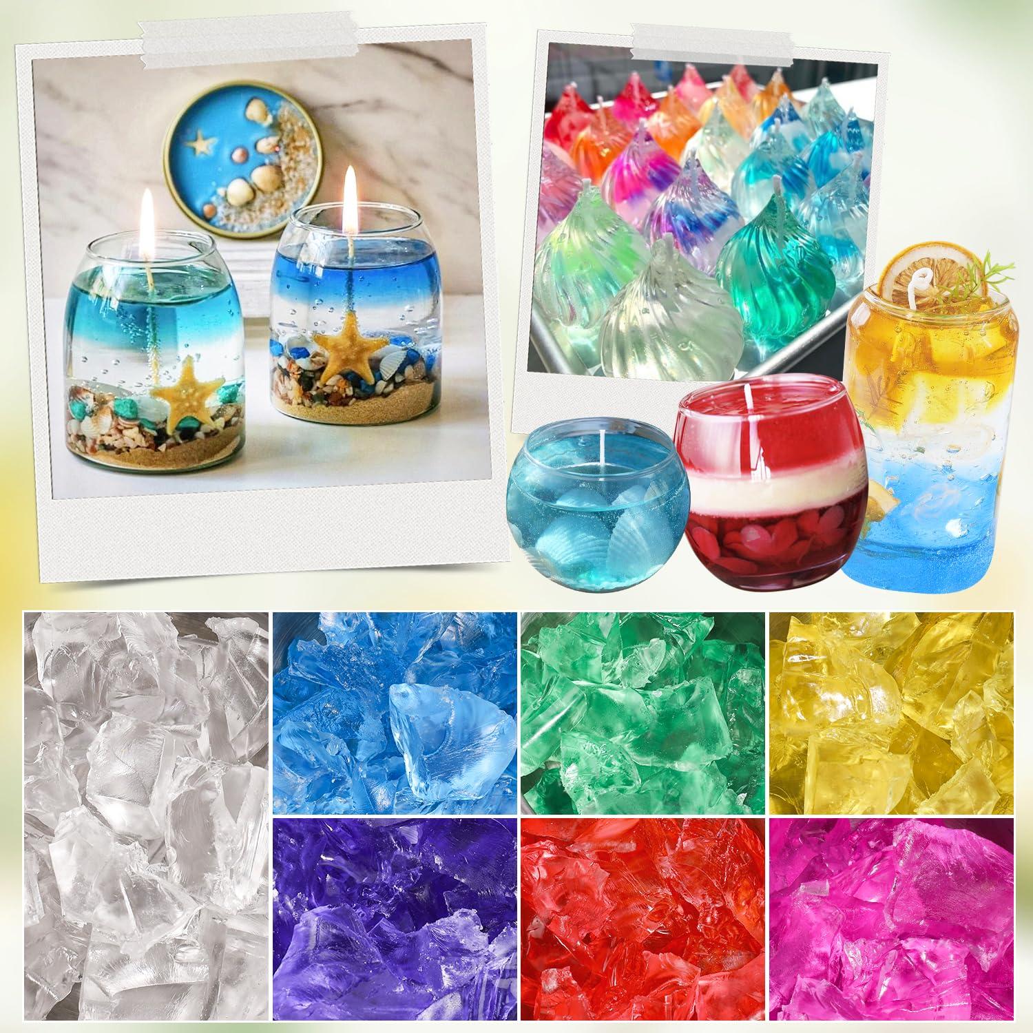 Blingfun Kit Completo per Candele in Gel - 9 Barattoli di Cera Gel -7 Colori con Stoppini, Adesivi, Supporti in Legno - Set DIY per Creare Candele Trasparenti Profumate - Ideale Regalo Creativo