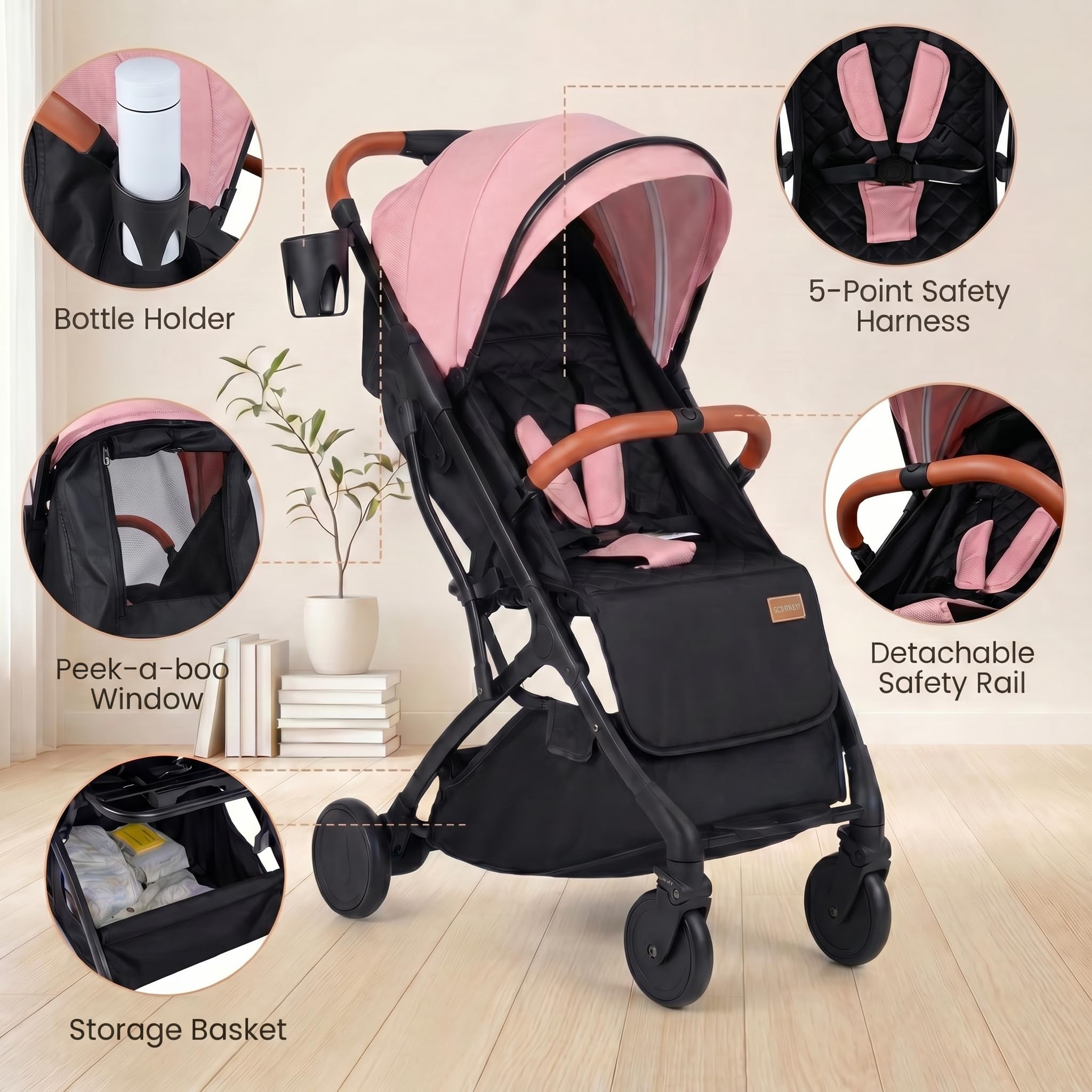 GIANTEX Silla de Paseo Ligera, Carrito Bebé Plegable con una Mano, Respaldo y Reposapiés Ajustables, Capota Extensible, Cubierta Impermeable, Cesta y Portavasos, Cochecito Bebé Compacto (Rosa)