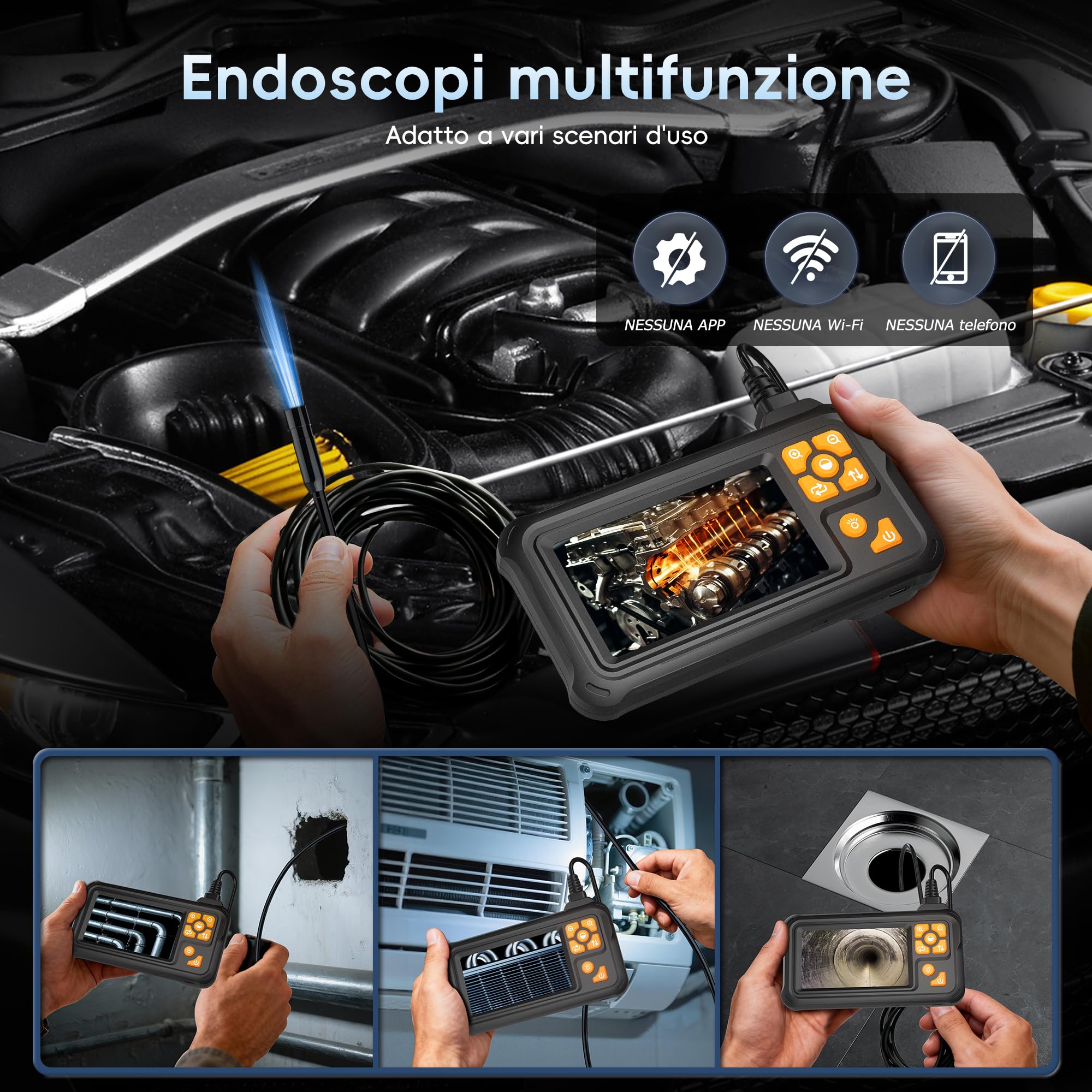 10m Industriale Endoscopio, Telecamera Ispezione Borescope HD 1080P con 8 Luci LED, Strumento Idraulico Impermeabile IP67 per Fognature con Schermo IPS 4.3", Cavo Semi-Rigido per Auto e Idraulica