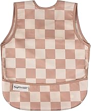 Tiny Twinkle Mess Proof Baby Bib - Waterproof Baby Apron - Machine Washable - PVC, BPA, & Phthalate Free - Great Travel Bib for Baby Eating - Baby Food Bibs (Brown Checkers, Large 2-4 Years)