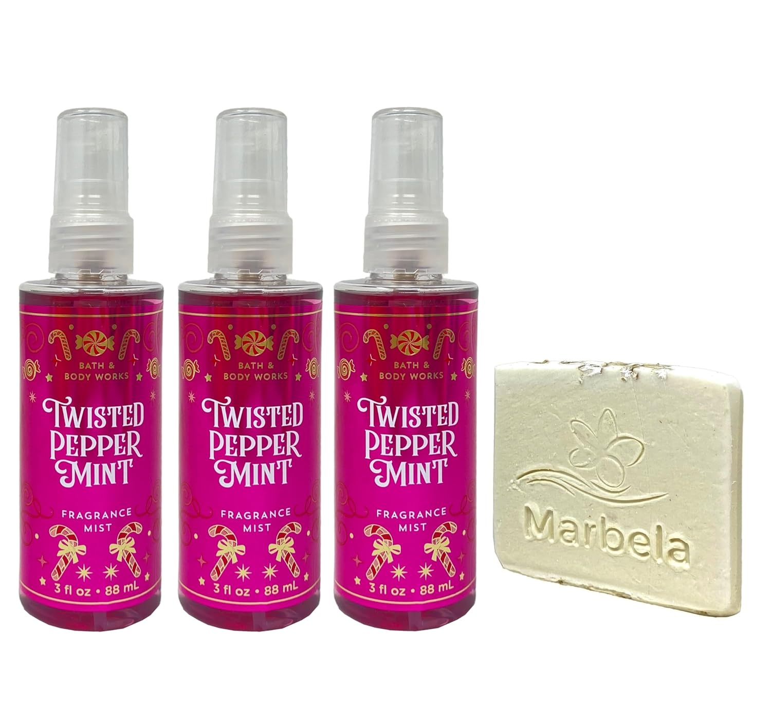 Bath & Body Works Twisted Peppermint 3 Pack Fragrance Mist Bundle with a Natural Oats Sample Soap - Travel Size
