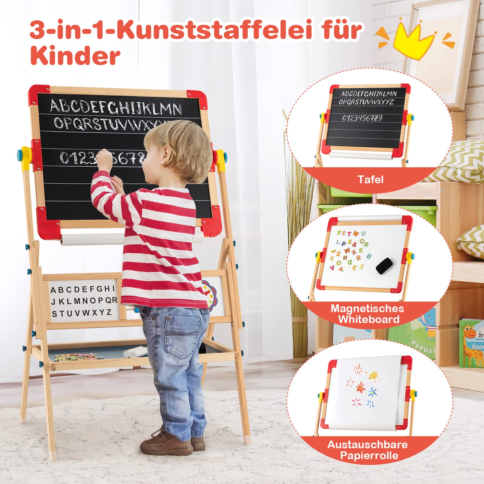 DREAMADE doppelseitige Kinder Staffelei aus Holz, Kinderstaffelei Kindertafel mit Papierrolle Whiteboard und Kreidetafel, inkl. Alphabet Marker Kreide Radiergummi
