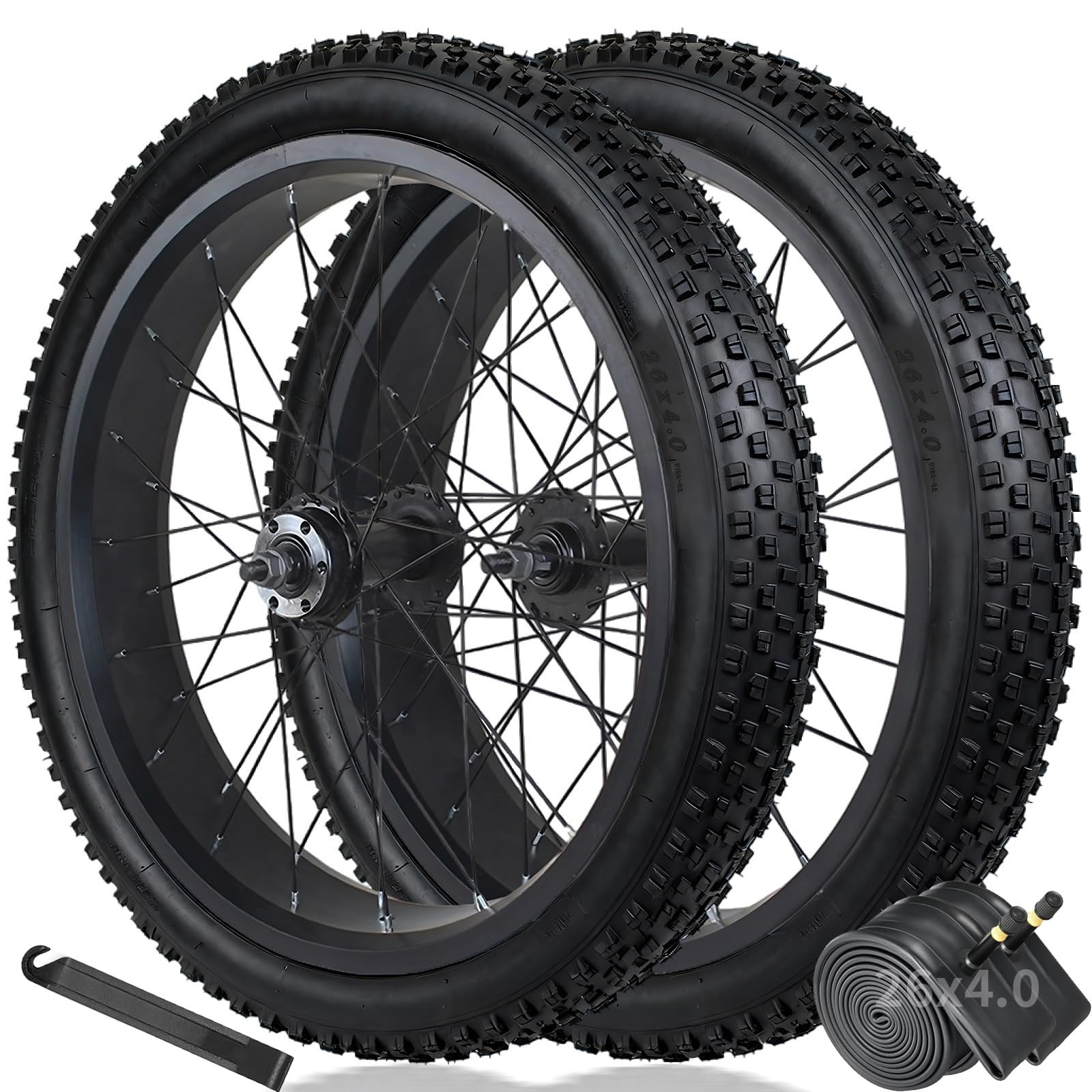 Koła rowerowe śnieżne z hamulcem tarczowym 20/26x4,0", grube przednie i tylne koła z oponami i komorami powietrznymi, piasty 135 mm/195 mm 36 otworów na wolne koło obrotowe 7/8/9/10"