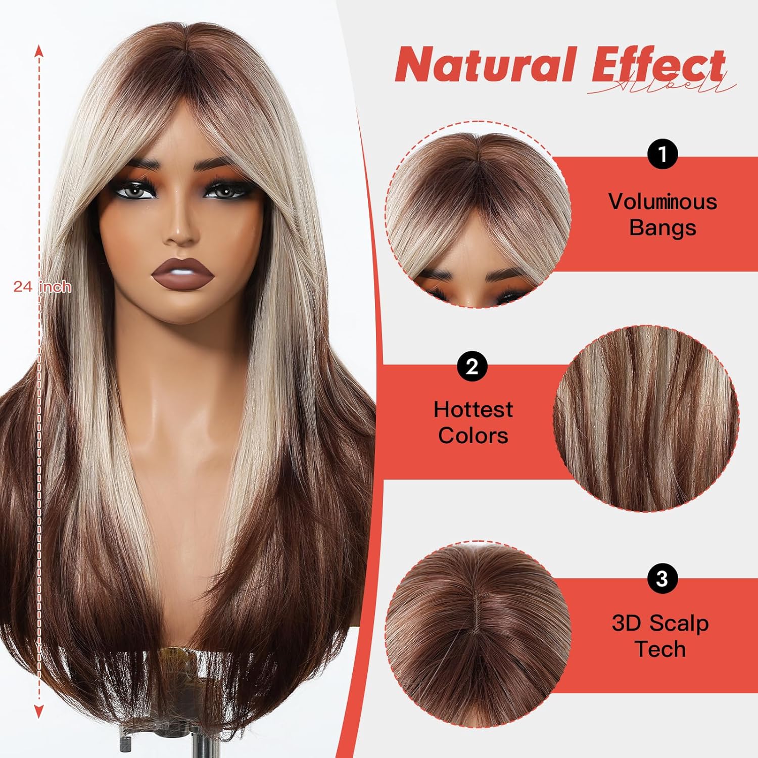 Allbell Long Straight Wigs for White Women Brown Highlight Mixed Blonde Gray Hair with Bangs - Image 2