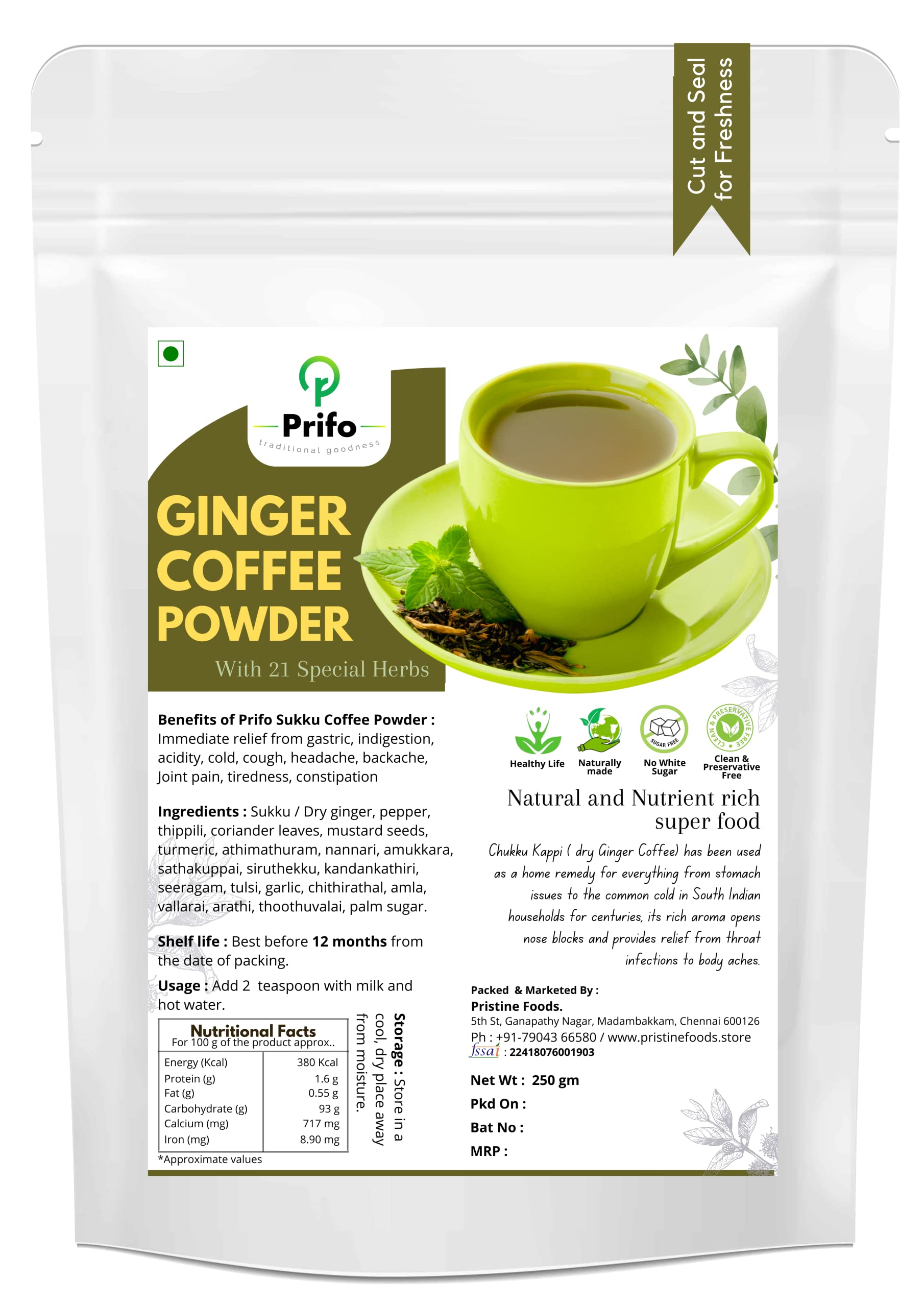 Prifo Ginger Coffee Powder with 21 Herbs | Herbal Sukku Kaapi | Natural Ayurvedic Drink for Cold, Cough & Immunity | White Sugar-Free | Preservative-Free | 250 gm Pack