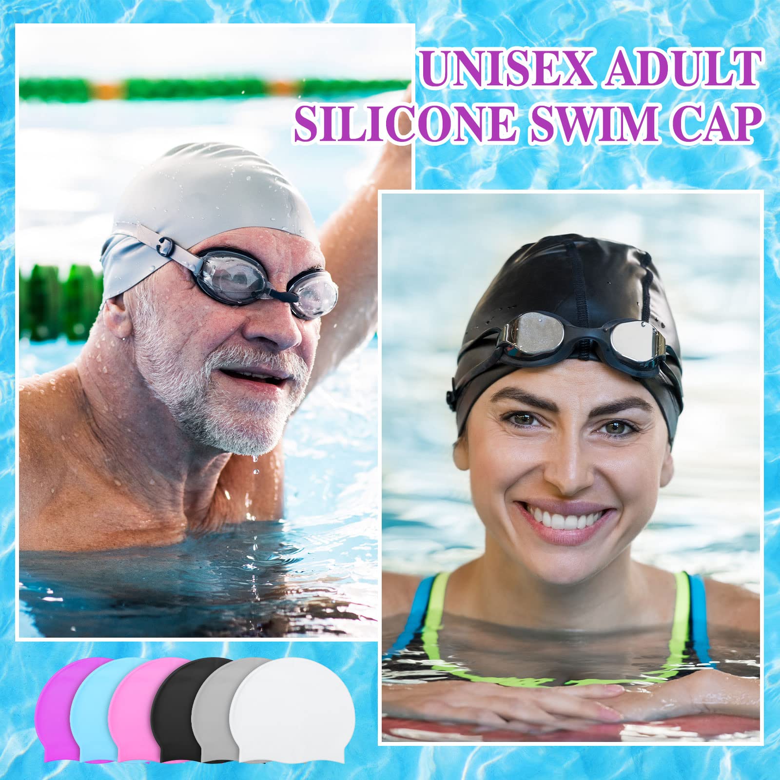 Silkfly Cuffia da nuoto in silicone (24 pezzi, 6 colori), unisex adulto, senza pieghe, cuffia da nuoto per uomini e donne, per allenamento e corsa, protezione dei capelli, impermeabile, design