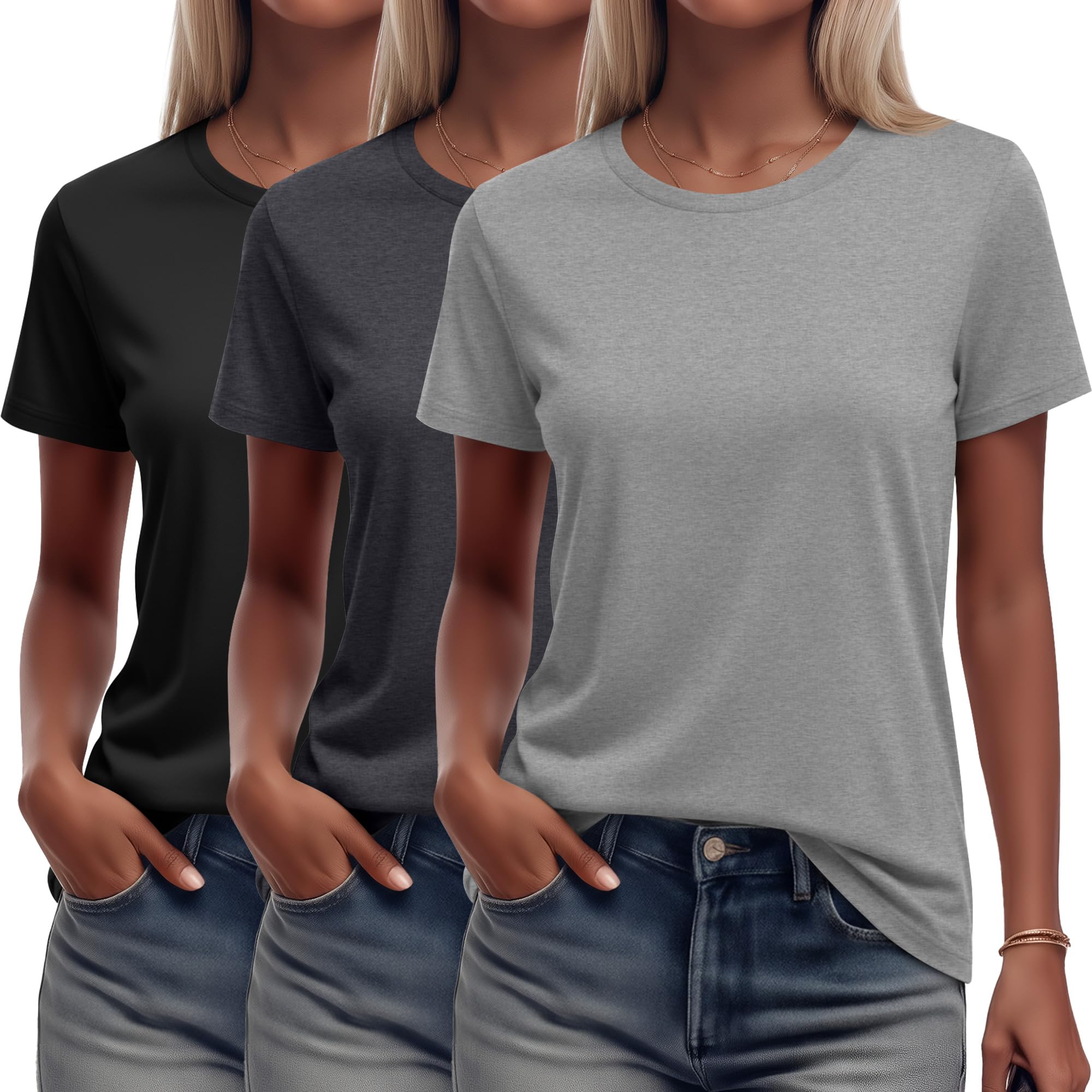 Ficerd Women's 3 Pack T Shirts Summer Casual Trendy Loose Fit Short Sleeve Crew Neck Tops Basics Workout Outfit Tee
