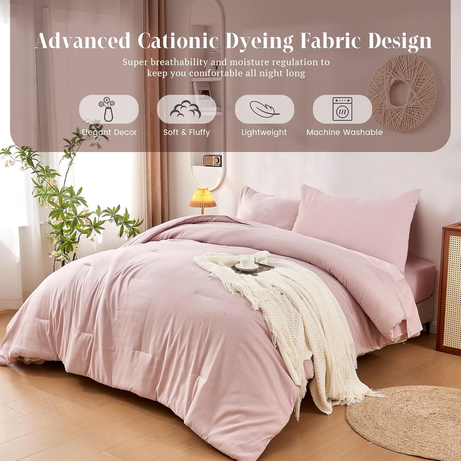 DECMAY Twin Comforter Set with Sheets, 5 Pieces Pink Twin Comforter Set, Cationic Dyeing Bed in a Bag Bedding Set with Comforter, Flat Sheet, Fitted Sheet, Pillowcase and Pillow Sham (Twin, Pink) | twin comforter set, twin bedding set, twin bed set