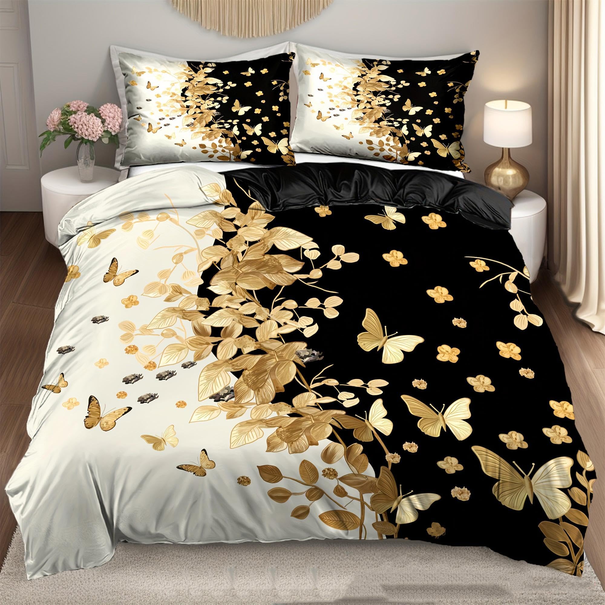 Parure de lit lavable en machine imprimé floral et papillon doré pour un entretien facile