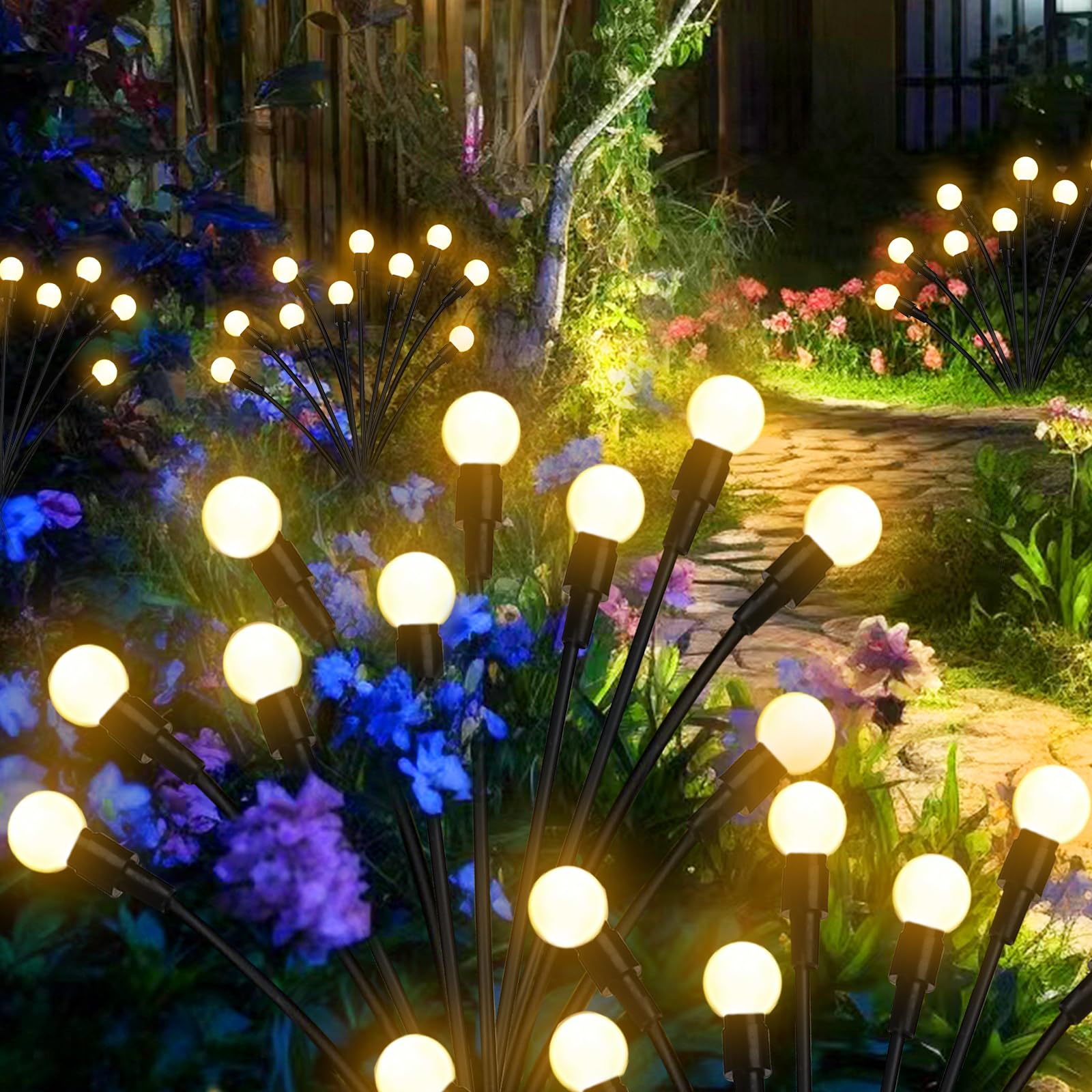 Solar Garden Lights, 2-Pack Dual Mode 20-LED Waterproof Outdoor Solar Firefly Lights for Yard, Patio, Pathway – Warm White Ambiance