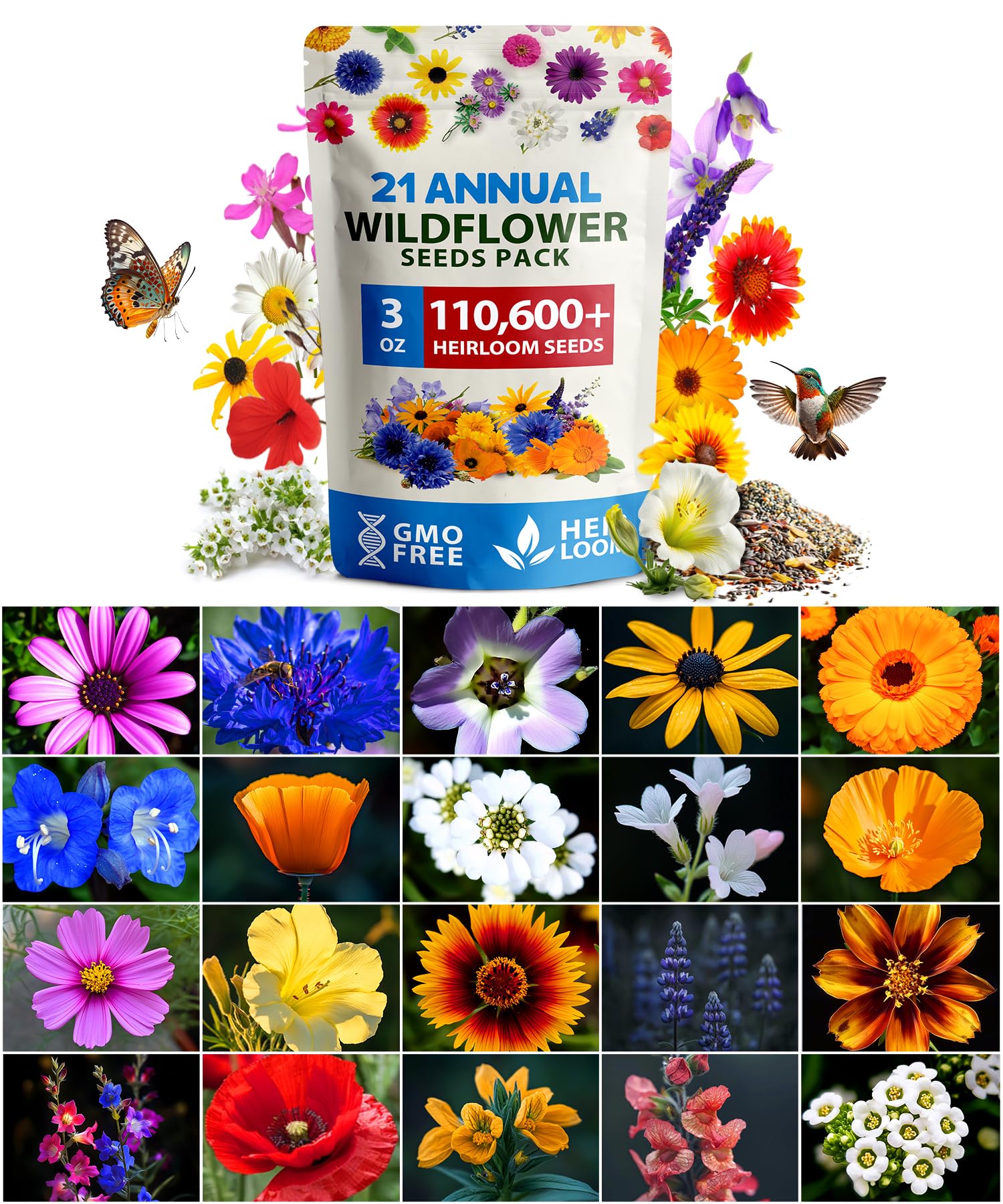 HOME GROWN Wildflower Seeds Mix - 110,600+ Seeds 3 oz, 21 Varieties, Non-GMO Wild Flower Seeds for Planting, Annual Flowers, Butterfly Garden,