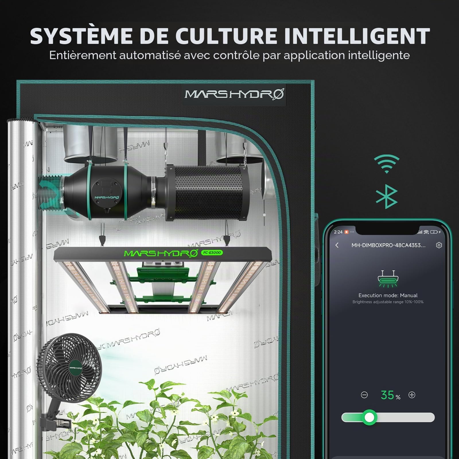 Mars Hydro Kit Complet de Tente de Culture Intelligente, Application E3000 avec télécommande à intensité Variable, 100 x 100 x 180 cm 1680D Haute réflectivité Mylar Grow Box Kit Complet, contrôle