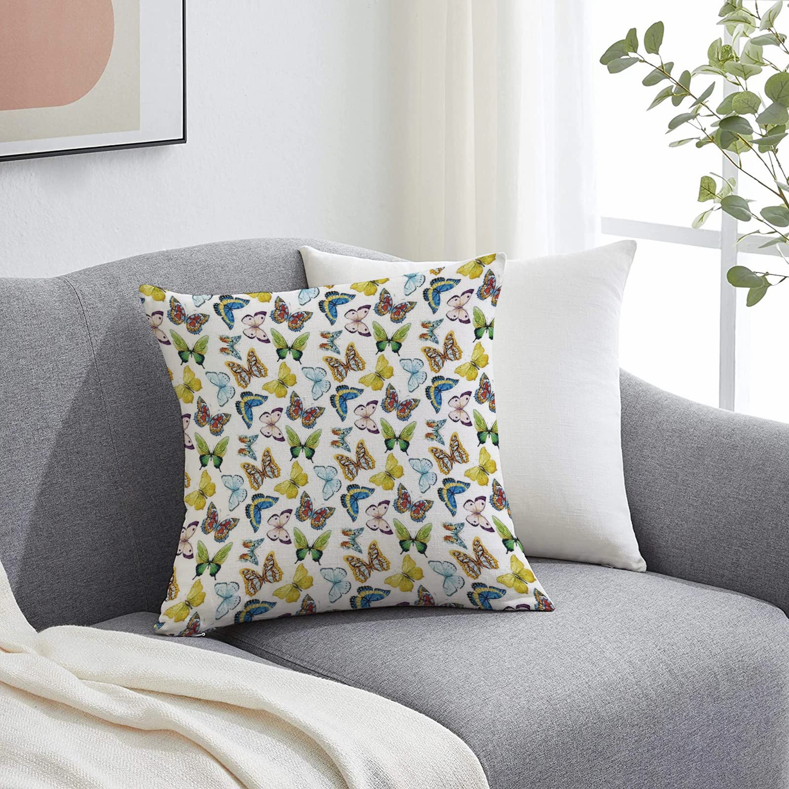 Set Di 2 Federe Per Cuscino Decorative Con Farfalle, In Misto Cotone E Lino, 45x45 Cm, Per Camera Da Letto E Soggiorno