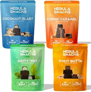 Nebula Snacks Variety Pack – Zero Sugar Dark Chocolate Bites in Four Flavors: Minty Way, Cosmic Caramel, Coconaut Blast & P’Nut Butta, Non-Glycemic, Keto-Friendly, Dairy-Free, and Gluten-Free – 4 Pack