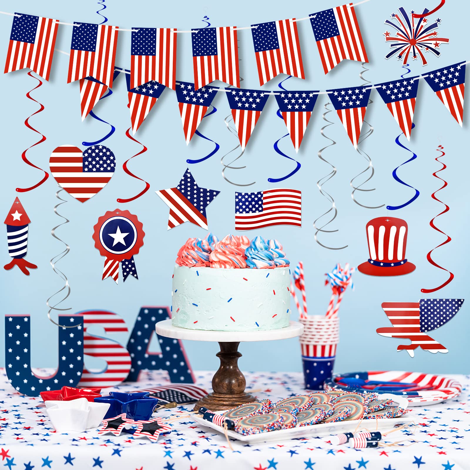 4. Juli Dekoration Set – Inkl. Banner, Luftballons, Vorhänge & Cake Topper, Rot-weiß-blau