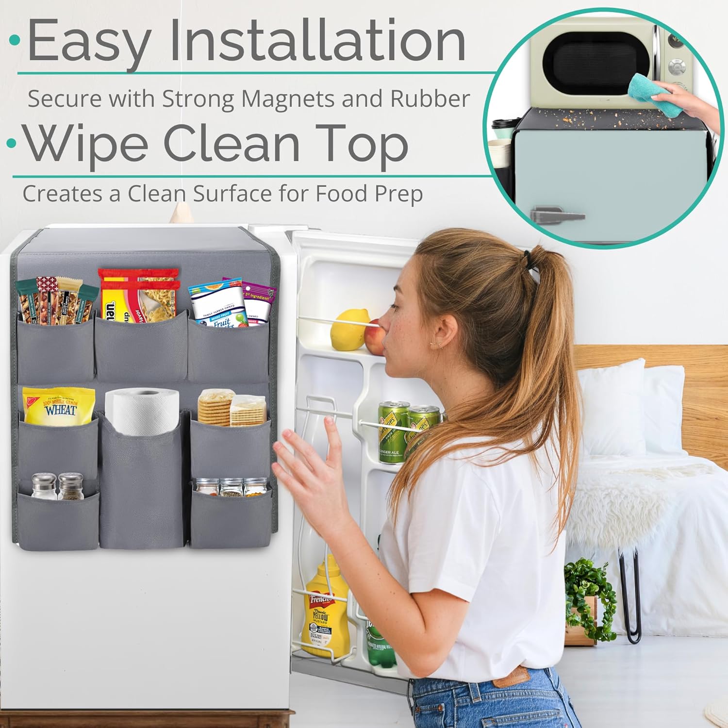 Mini Fridge Organizers and Storage - College Dorms Must Haves - Large Pockets with Dividers Holds Pantry Goods, Utensils, Paper Towel, Plastic Wrap Ideal Mini Fridge Shelf for Dorm and Office (Grey)…