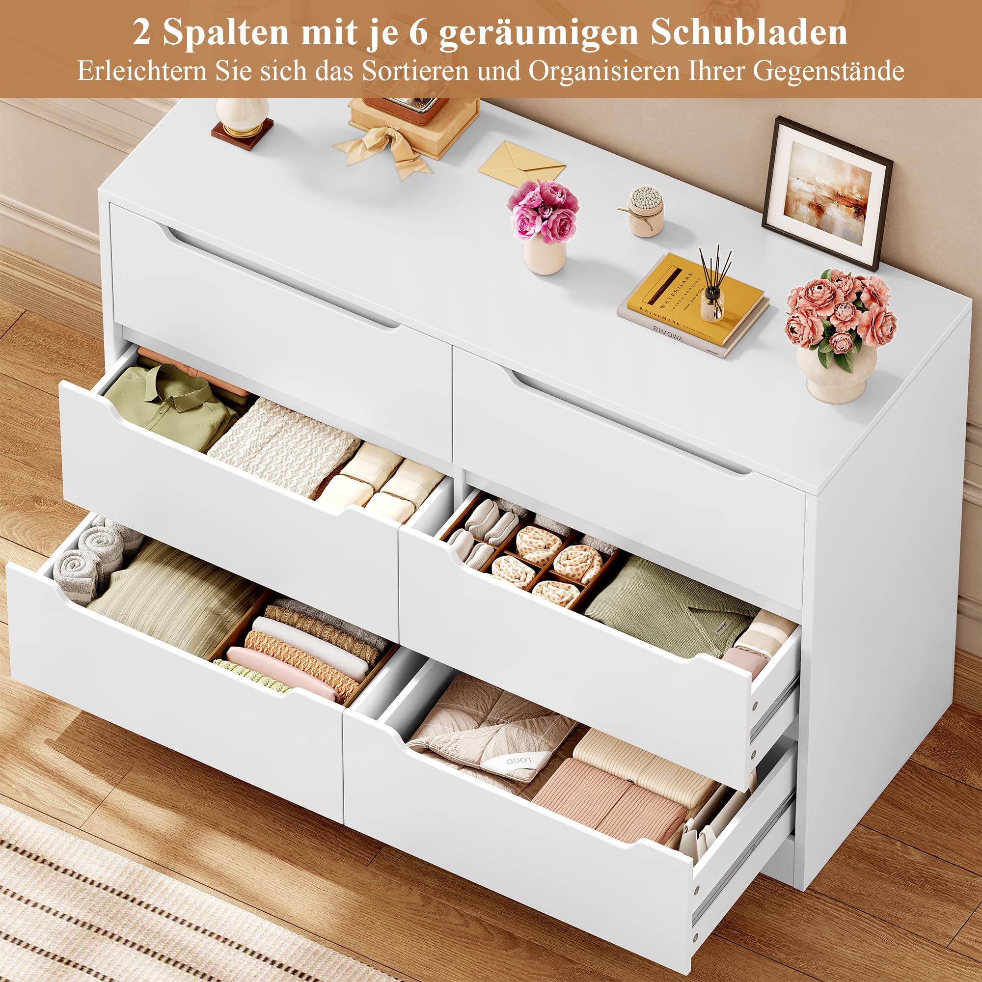 HOCSOK Kommode mit 6 Schubladen, Sideboard Schubladenschrank aus Holz, Kommode für Schlafzimmer, Wohnzimmer, Flur, Modern, 108 x 82,5 x 39 cm