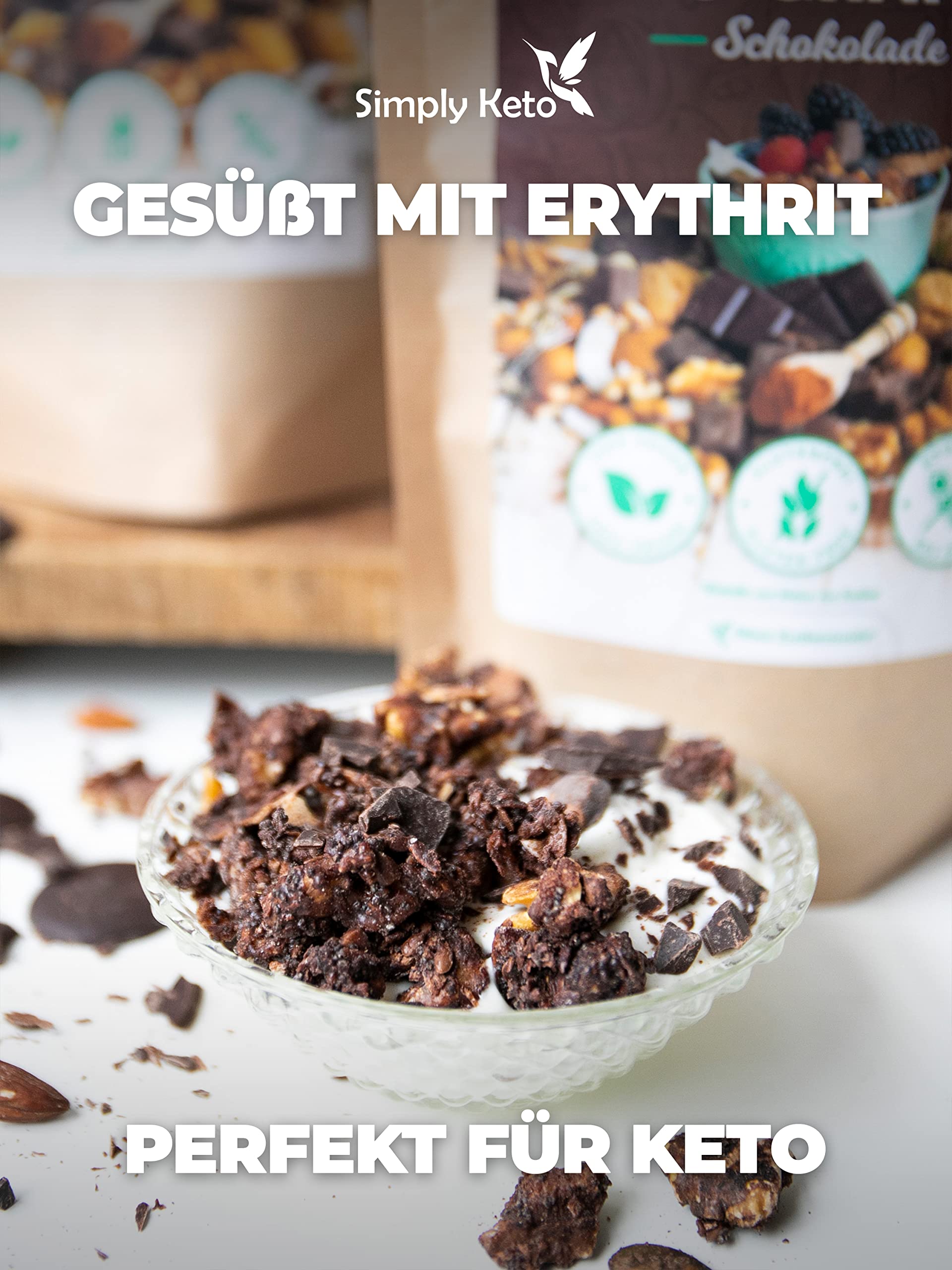 Simply Keto Muesli crujiente de chocolate - Muesli bajo en carbohidratos sin azúcar - 250g Delicioso Muesli Keto para un desayuno perfecto - Paleo y Vegano - Sin soja, lactosa y gluten - 250g