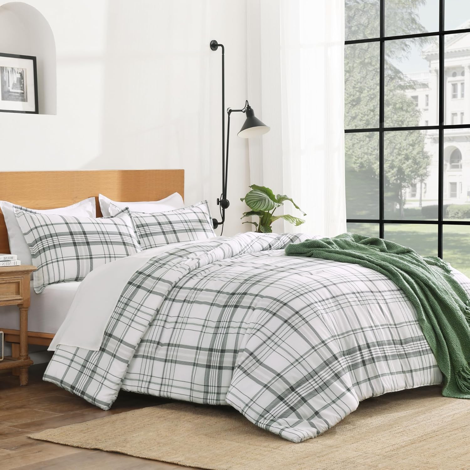 Andency Green White Plaid Comforter Set Full(79x90Inch), 3 Pieces Preppy Grid Gingham Stripes Bedding Comforter Sets for Boys Girls Kids Teens, Green Line Soft Lightweight Geometric Reversible Bed Set - Image 3