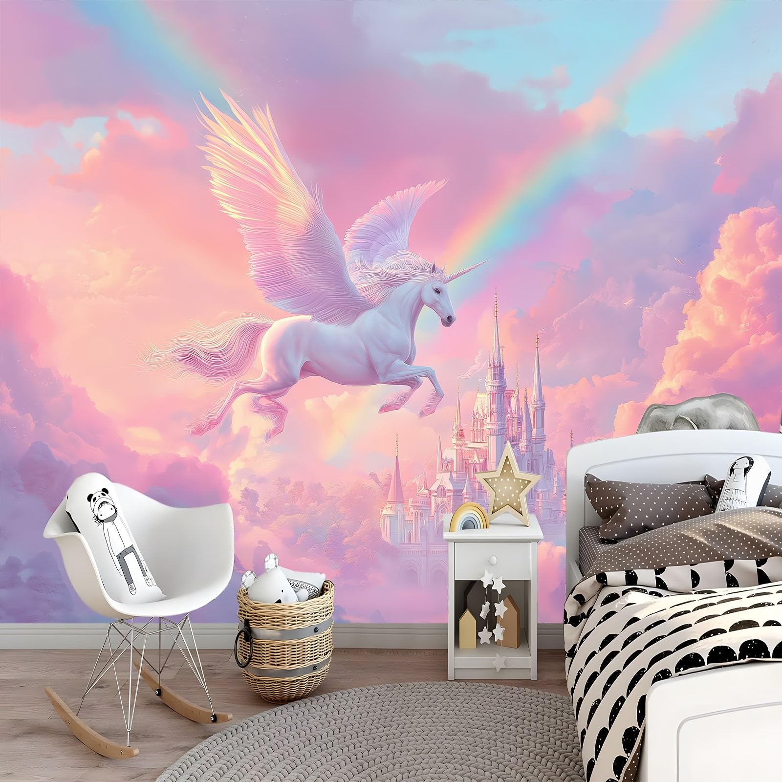 Tapeta 3D fioletowy 300 x 210 cm - fototapeta kreskówka jednorożec niebo zamek do pokoju dziecięcego nastolatka, włóknina łatwa do nałożenia dekoracja pokoju zabaw