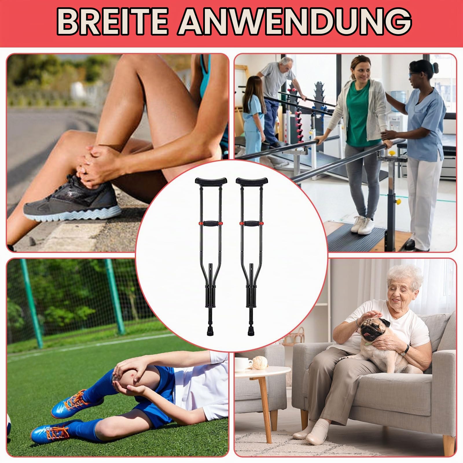 Achselkrücken, 1 Paar Unterarmgehstützen, Höhenverstellbar Krücken, 150KG Belastbar, Leicht Aluminium Universelle Krücken mit Weichen Unterarm- und Handauflagen für Senioren & Behinderte
