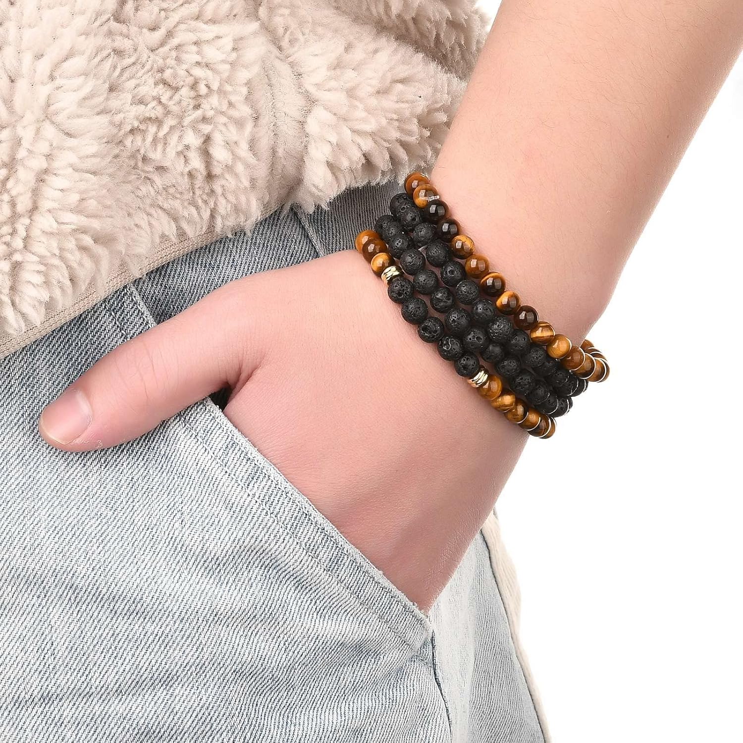 FASHEWELRY Mala Yoga Men Bracelet Making Kit - 220pcs Natural Gemstone Lava Rock Tiger Eye Beads Healing Crystal Chakra Stone Beads with Black Nylon String for Essential Oil Diffuser Jewelry Making - Image 8