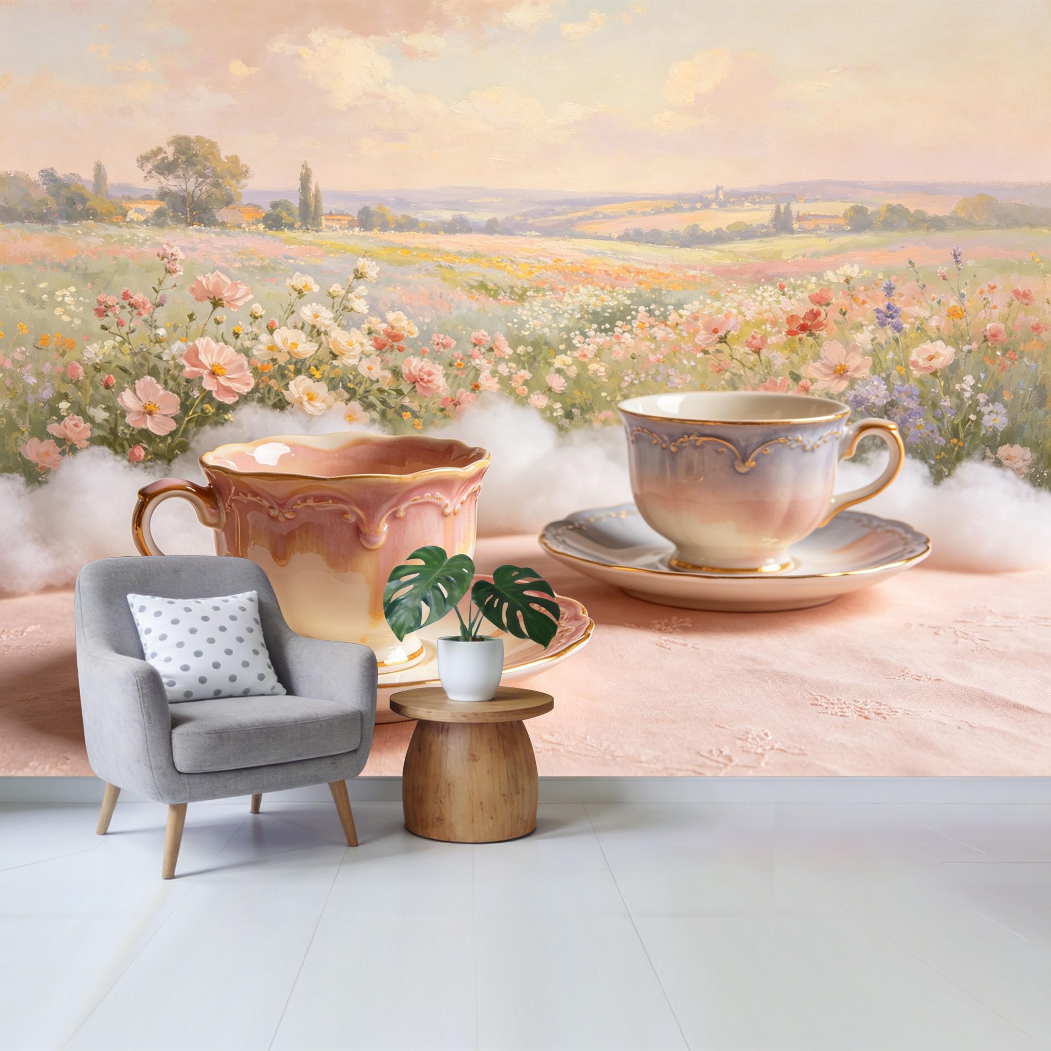 Qzlithotic Yq2605250369 Custom Size Wall Mural Pastel Wildflower Meadow Oil Painting Romantic Tea Time Landscape Selfadhesive Wall Fabric Removable Wallpaper For Home Office Decor
