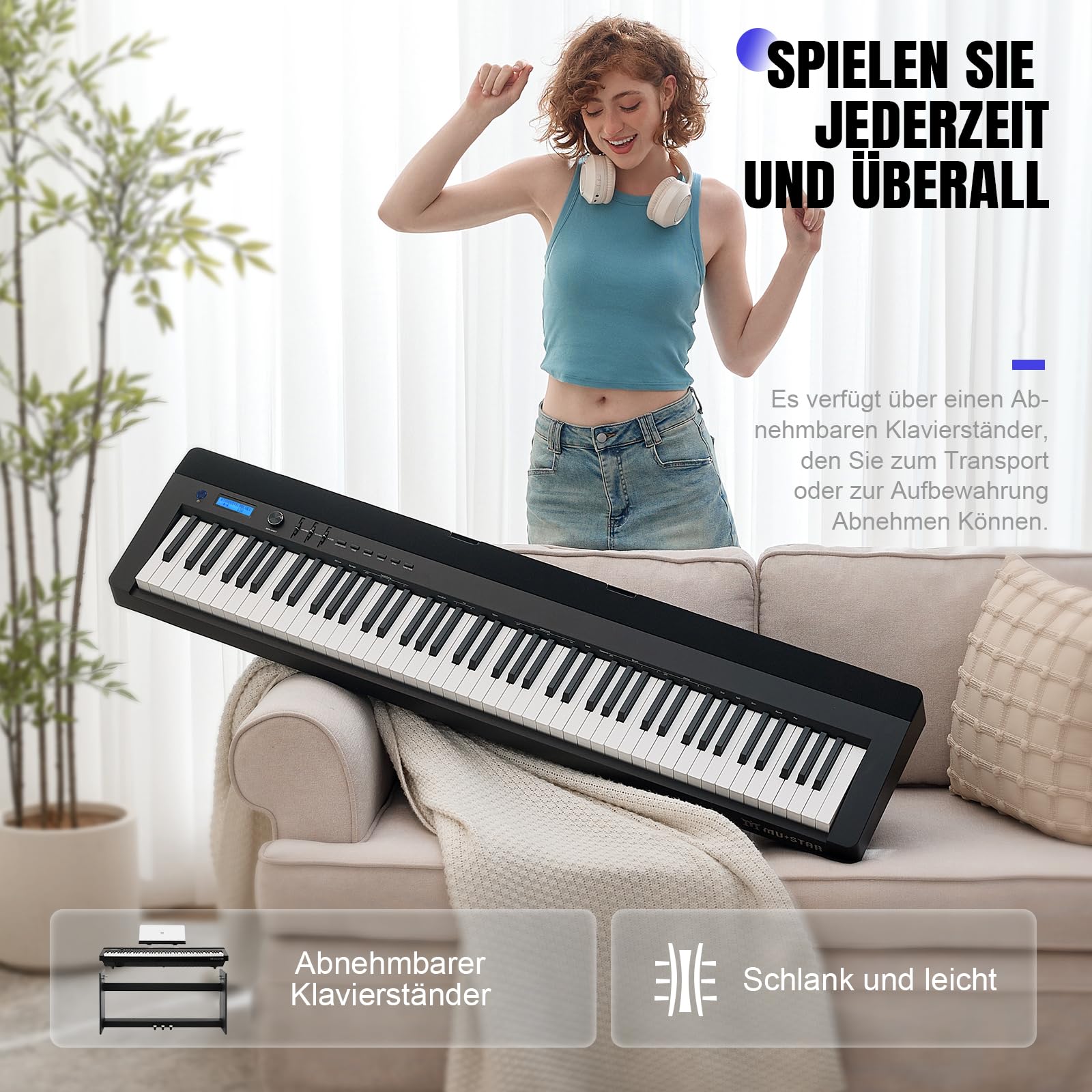 MUSTAR Piano digital de 88 teclas con mecanismo de martillo, piano clásico profesional, función dual y transpose, 3 pedales, soporte para piano, altavoz, USB/MIDI, negro