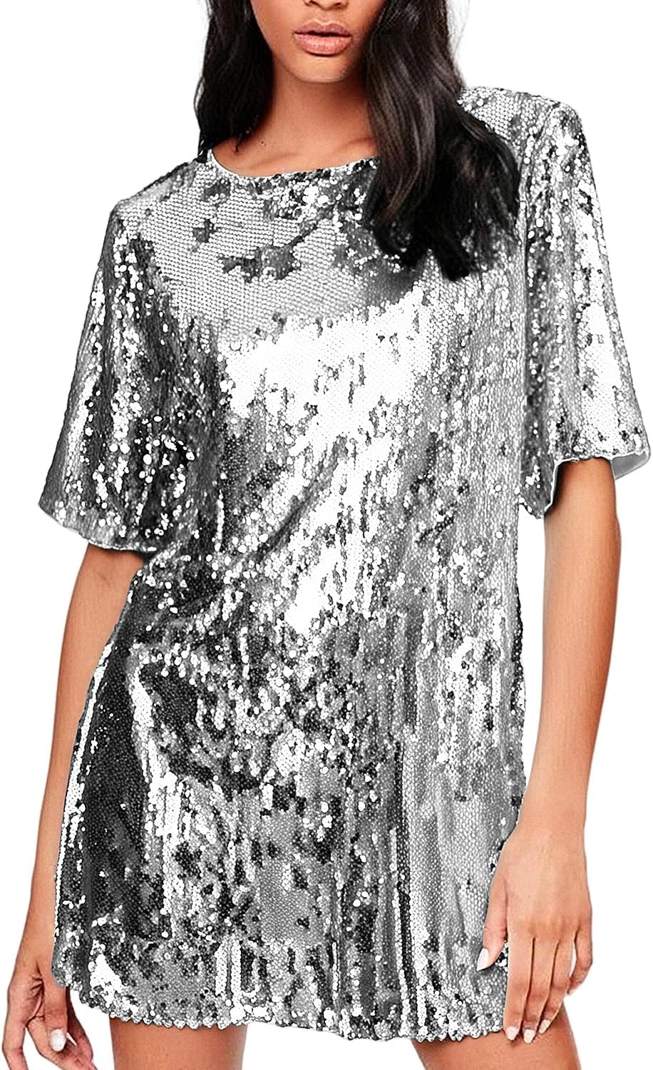 Women's Crew Neck Sequin Dress for Women Sexy V Neck Shirt Dress Sparkly Half Sleeve Loose Party Club Cocktail Dress